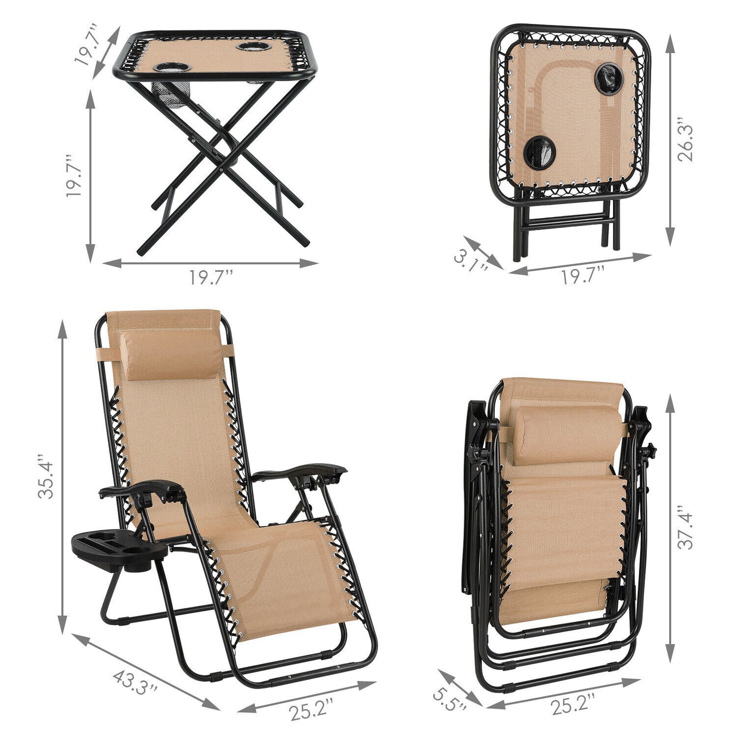 Arlopu 3pcs Folding Zero Gravity Chair Set, Outdoor Patio Reclining Lounge Chairs with Cup Holders for Poolside, Yard, Beach, 330 LBS