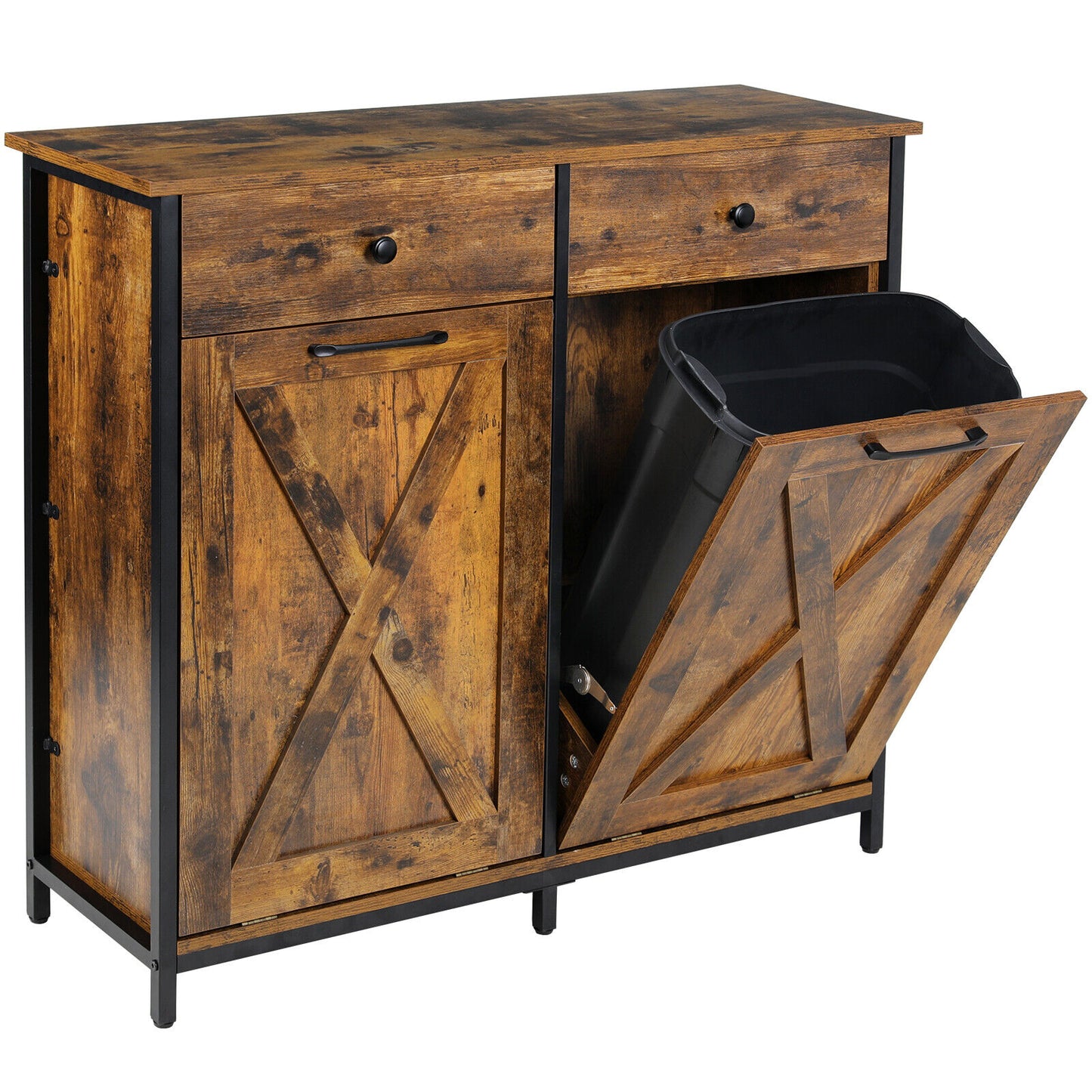 Arlopu Double Tilt Out Trash Cabinet, 2 x 10 Gallon Freestanding Garbage Bin Holder Wooden Laundry Sorter Cabinet with Drawer for Kitchen, Living Room