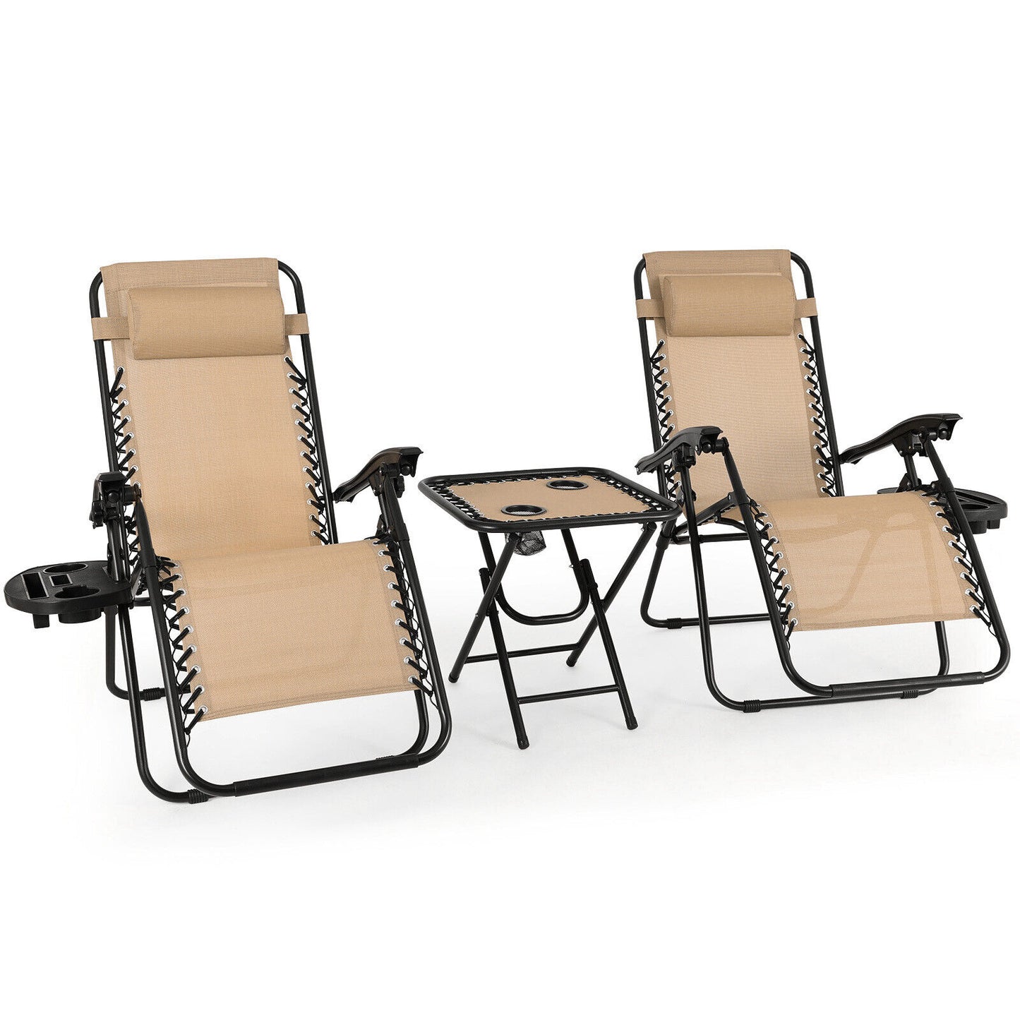 Arlopu 3pcs Folding Zero Gravity Chair Set, Outdoor Patio Reclining Lounge Chairs with Cup Holders for Poolside, Yard, Beach, 330 LBS