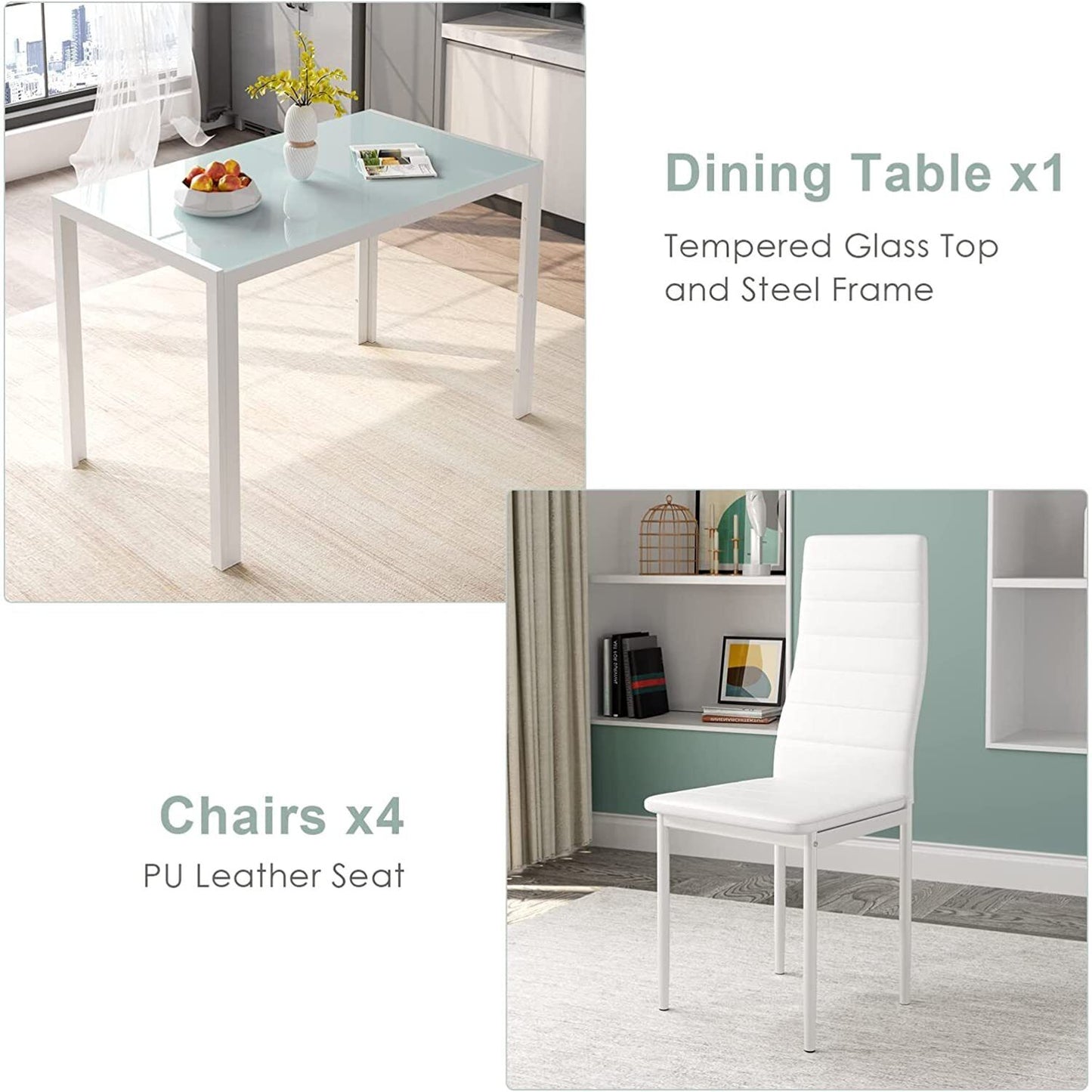 Arlopu 5-Piece Kitchen Dining Table Set with Glass Tabletop and 4 Faux Leather Chairs, Modern Dining Room Table Set