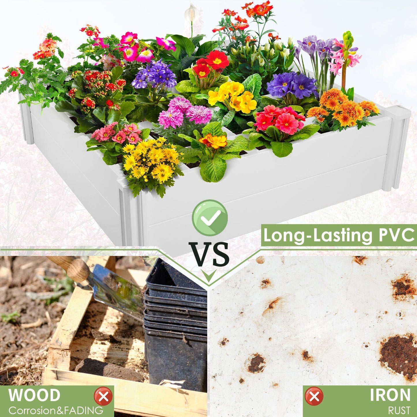 Arlopu Raised Garden Bed, 45'' x 45'' x 13'' White PVC Outdoor Above Ground Planter Box Kit with Grids