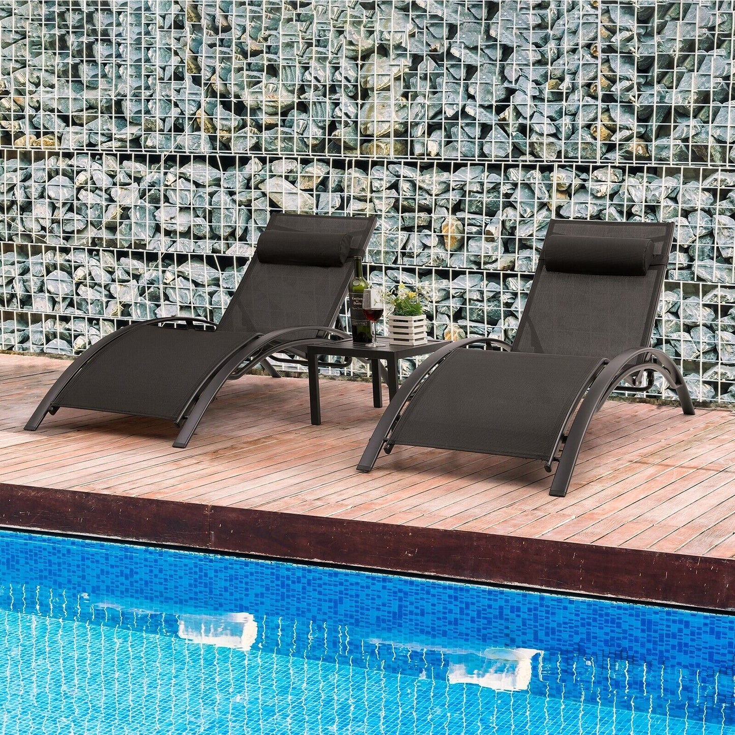 Arlopu 3pcs Adjustable Chaise Lounge Chairs Set, Outdoor Patio Poolside Recliner Lounger Chair, Aluminum Frame