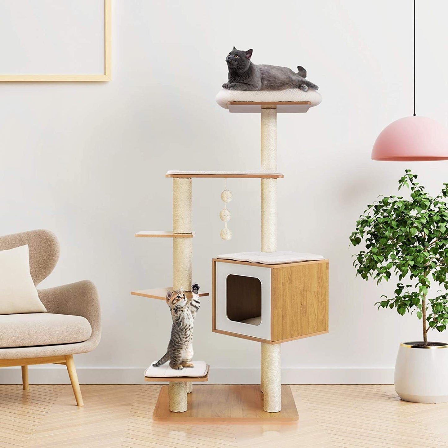 Arlopu 55'' Tall Modern Cat Tree Tower for Indoor Cats, Wooden Cat Climbing Stand Furniture, 6 Level Platform Cat Activities Condo House with Scratch Post, Washable Mats & Top Perch, for Kittens & Large Cats