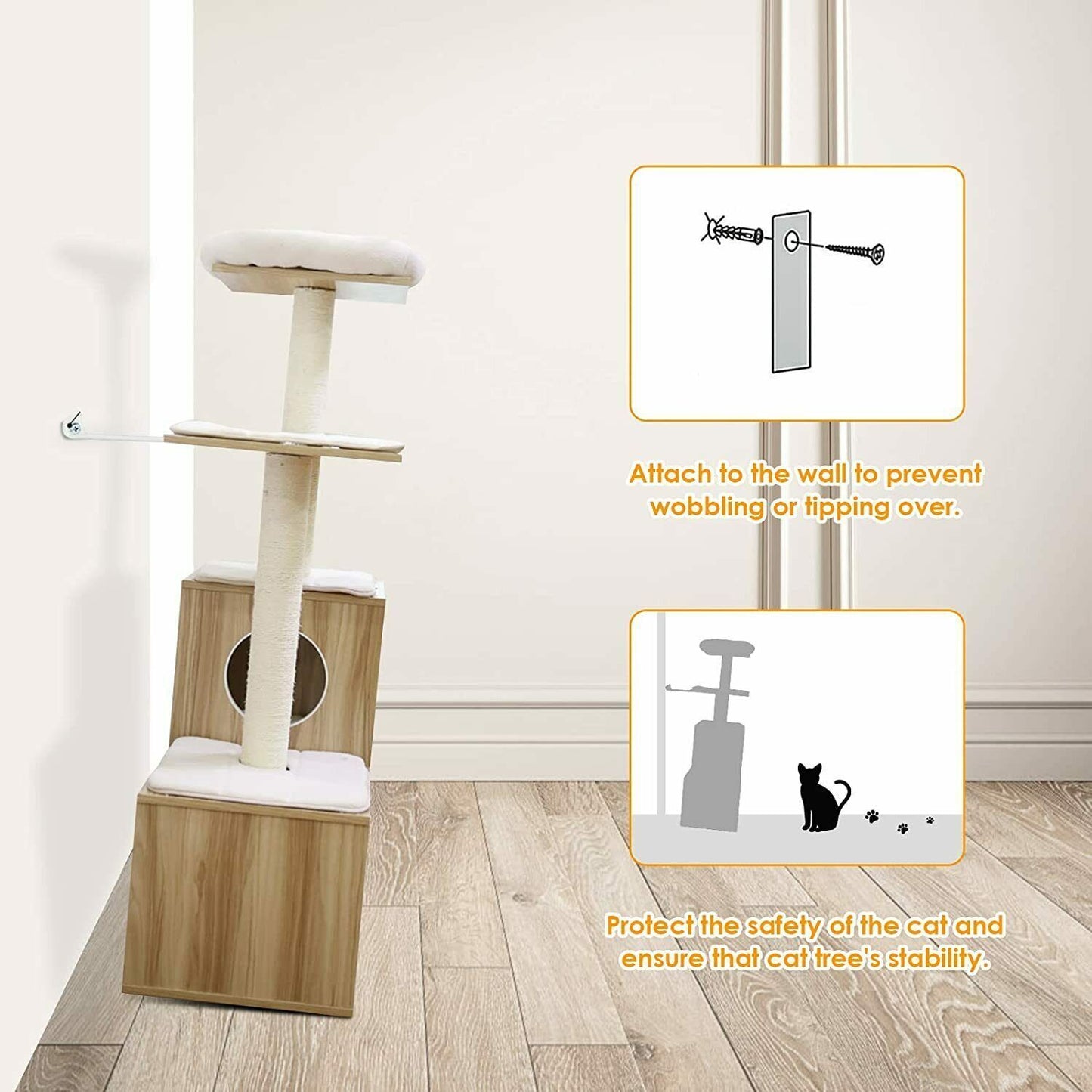 Arlopu Modern Wooden Cat Tree Tower, Large Cat Condo Furniture with Multi-Layer Platform, 55.6" Tall Cat Climbing Stand House with Sisal Scratching Post, Washable Plush Cushion for Kittens / Large Cats