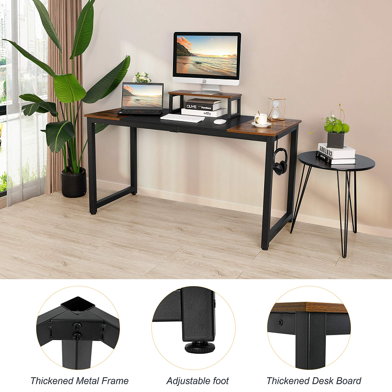 Arlopu 55'' Computer Desk, Home Office Desk, Sturdy Writing Study Table PC Laptop Table with Monitor Stand, Headphone Hook