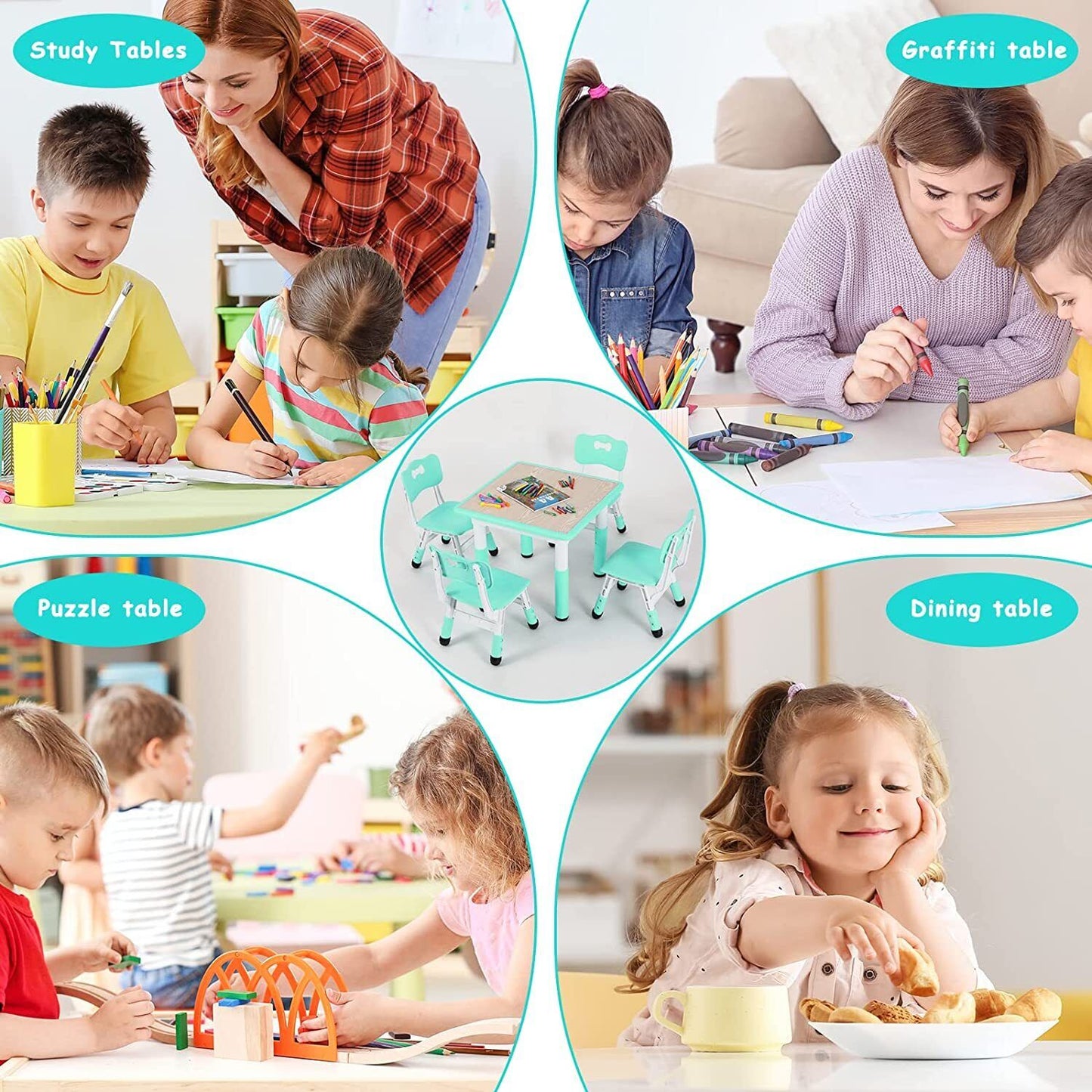 Arlopu Kids Study Table and 4 Chair Set, Height Adjustable Toddler Table and Chair Set for 4, Multifunctional Toddler Table, Reading, Drawing, Eating Interaction