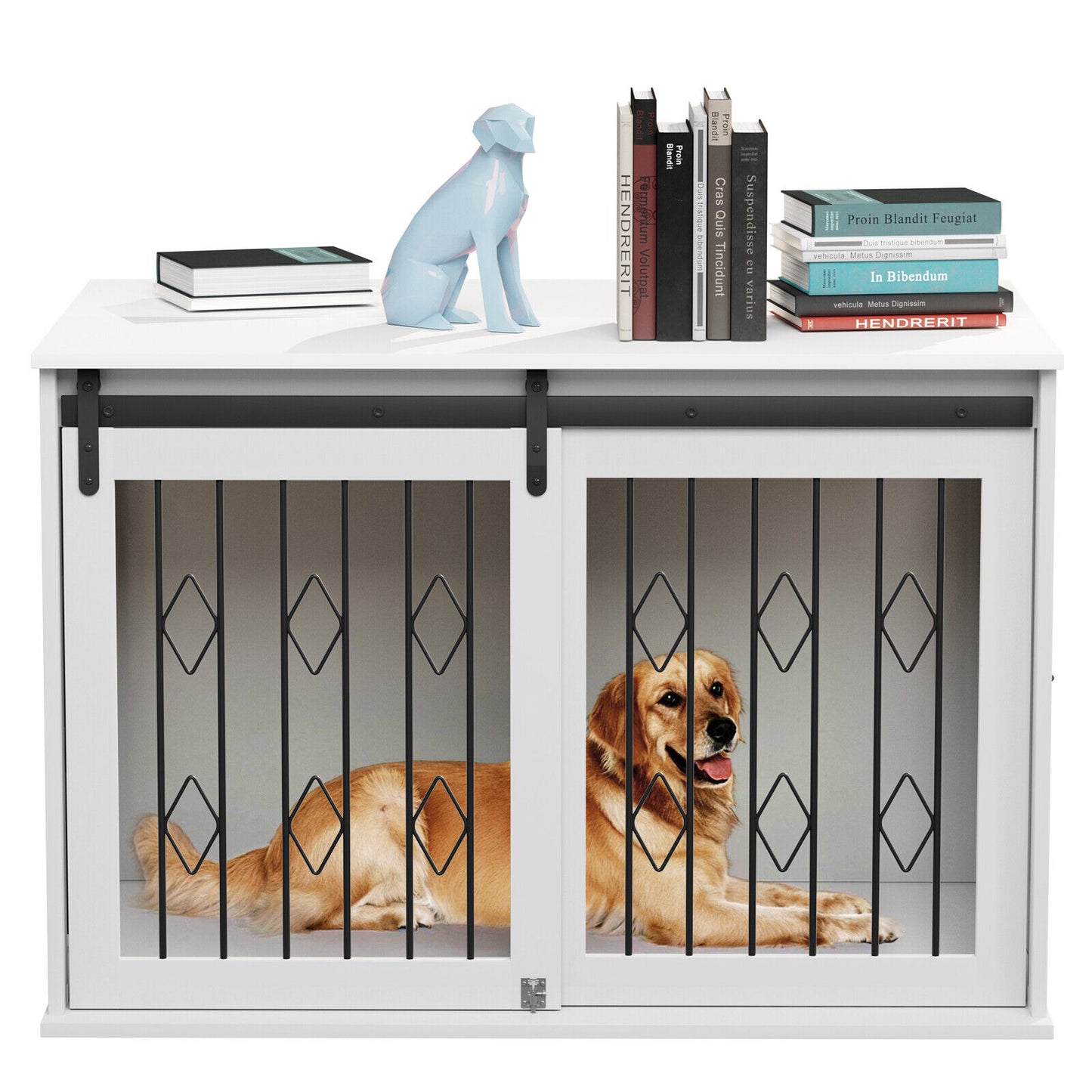 Arlopu Large Dog Crate Furniture with Sliding Barn Door, Wooden Indoor Dog Kennel w/Flip-top, 39.4'' Heavy Duty Modern Puppy Dog Cage End Table with Detachable Divider for Small / Medium Pets