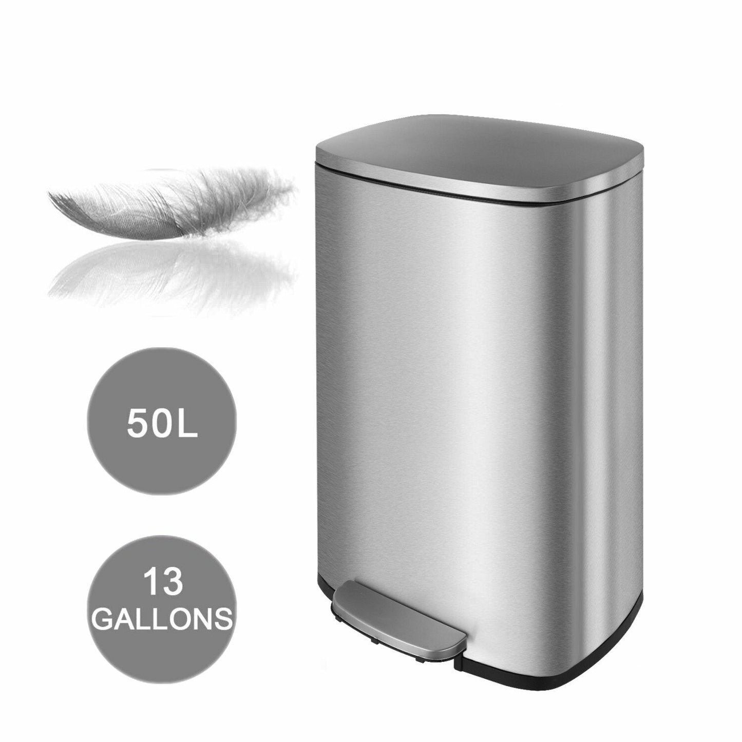 Arlopu 50L/13.2 Gallon Step Trash Can, Rectangular Stainless Steel Kitchen Garbage Bin with PP Buckets & Lid