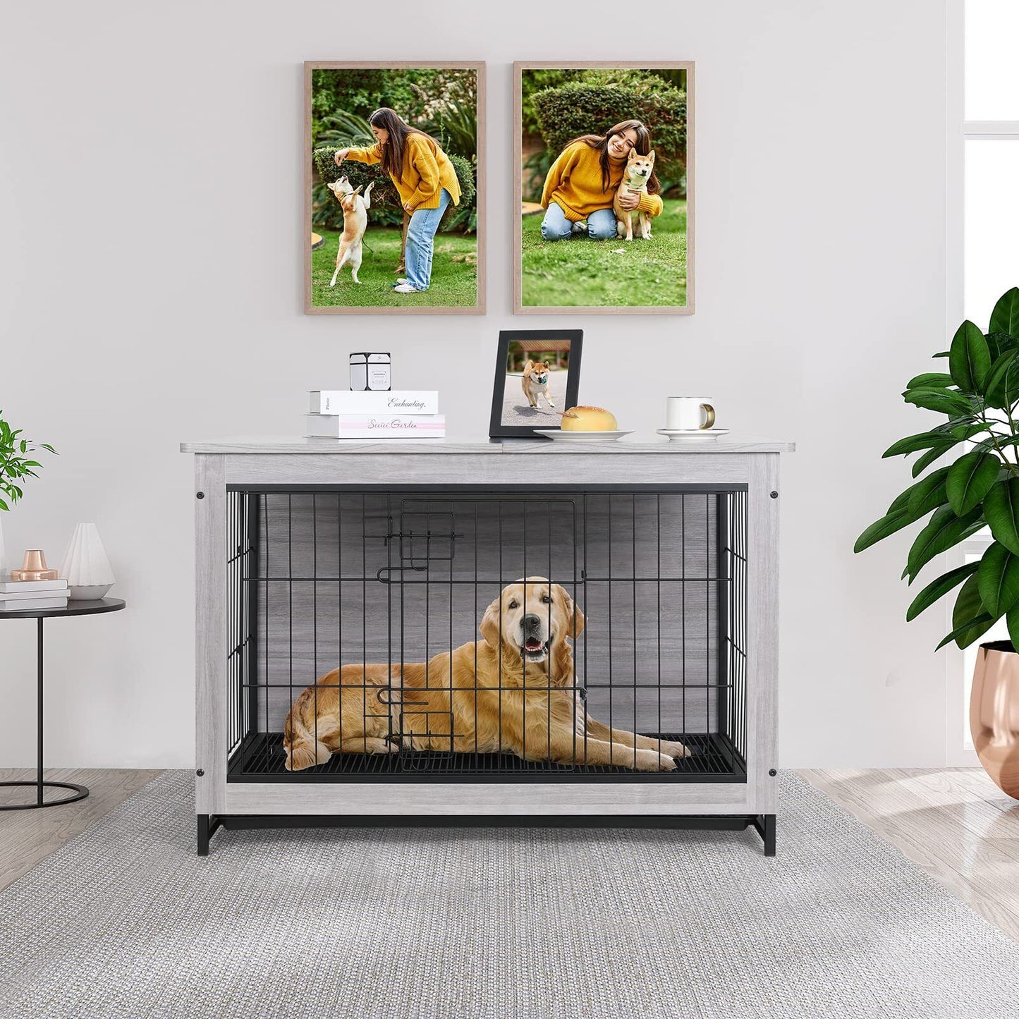 Arlopu 44.1'' Dog Crate Furniture, Wooden Side End Table, Modern Dog Kennel with Double Doors, Heavy-Duty Dog Cage with Pull-Out Removable Tray, Indoor Medium/Large/Small Pet House Furniture