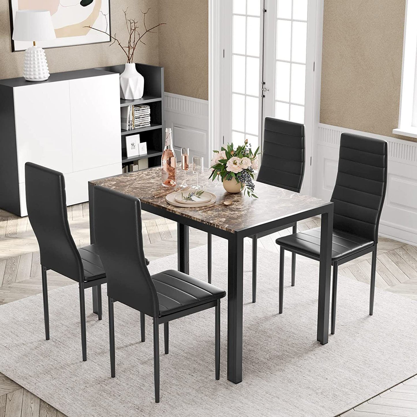 Arlopu Modern 5-Piece Dining Table Set, Faux Marble Tabletop and 4 PU Leather Chairs, Compact Dining Set for Dining Room, Kitchen