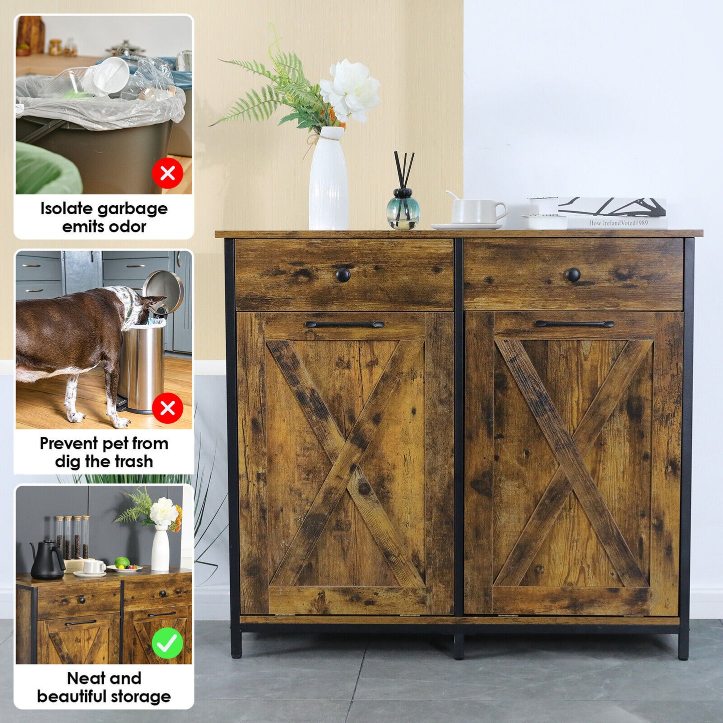 Arlopu Double Tilt Out Trash Cabinet, 2 x 10 Gallon Freestanding Garbage Bin Holder Wooden Laundry Sorter Cabinet with Drawer for Kitchen, Living Room