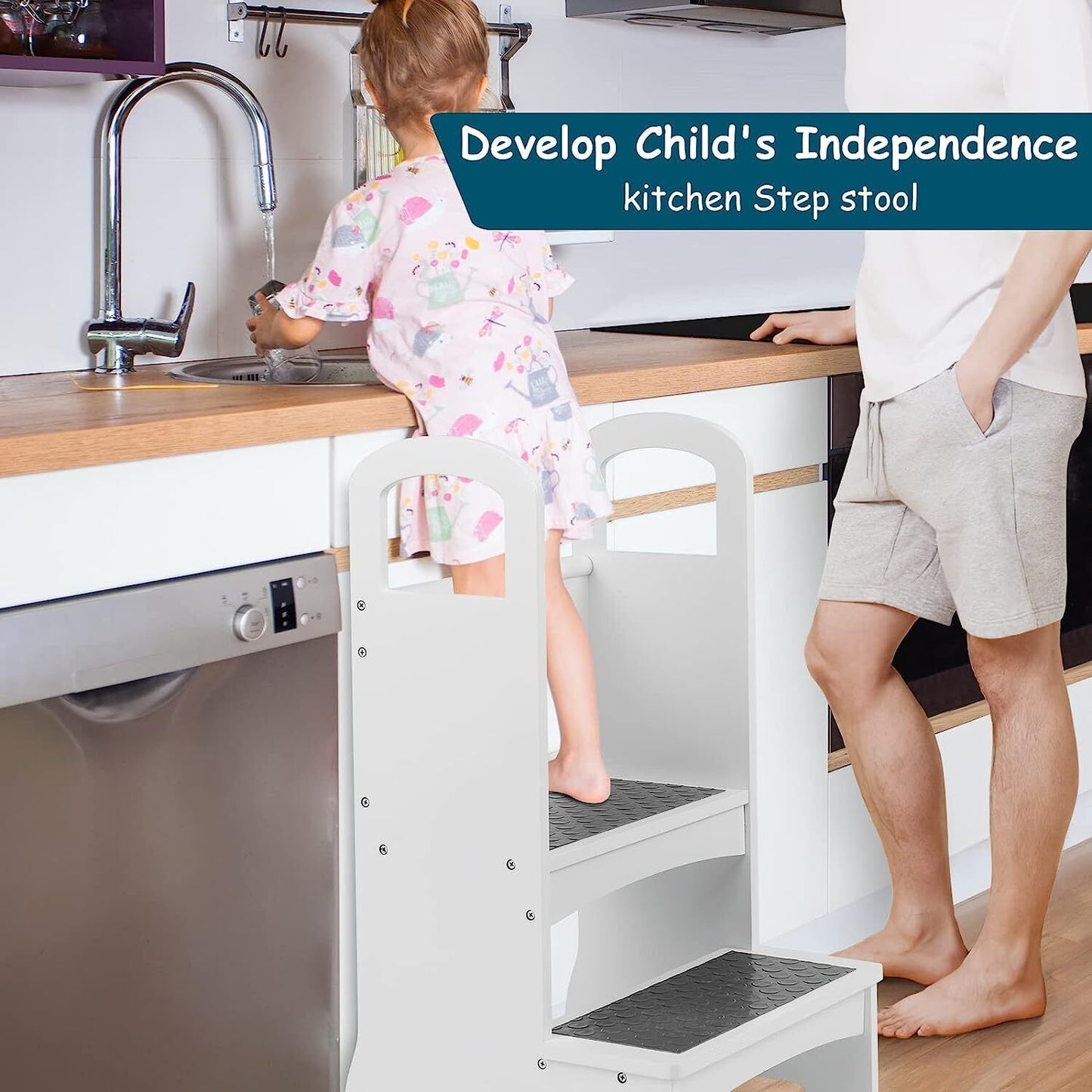 Arlopu Kids Kitchen Step Stool, Wooden Standing Stool, Two-Step Stool Standing Platform, Children Standing Tower - White
