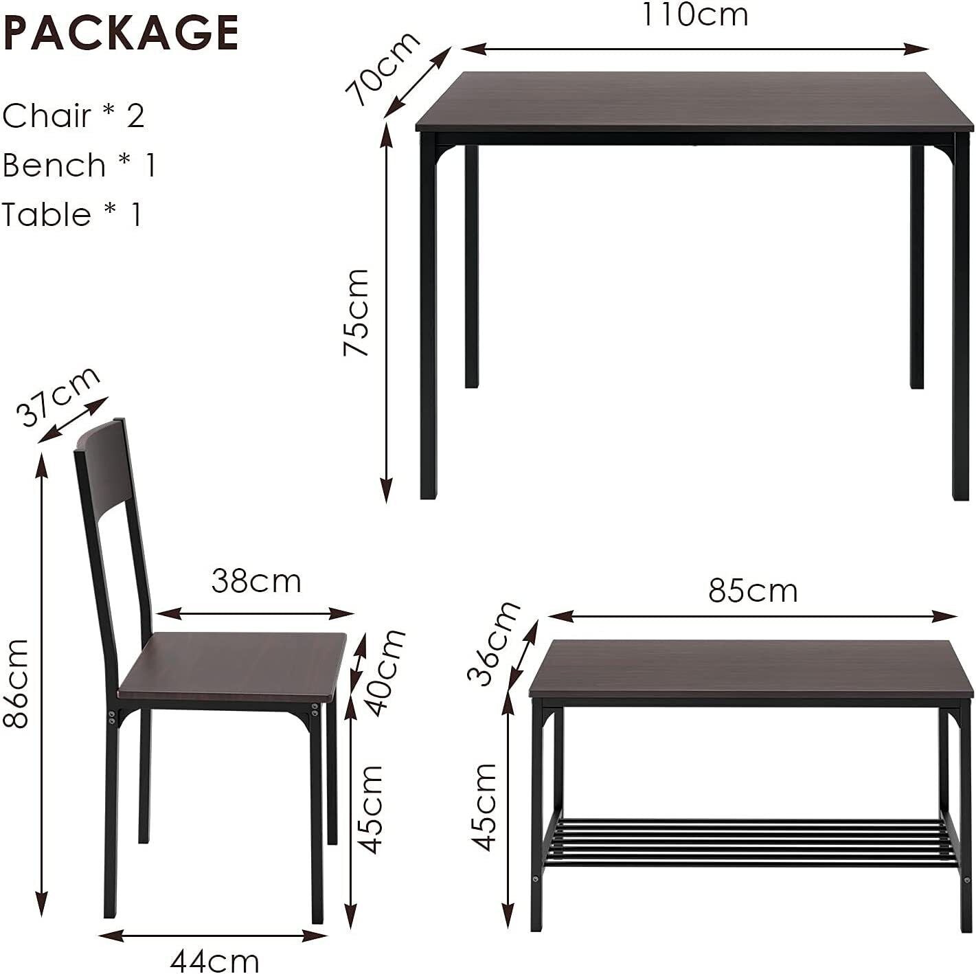 Arlopu 4 Pieces Dining Table Set, 43'' Wooden Kitchen Table with 2 Chairs & Bench for Dining Room (Brown)
