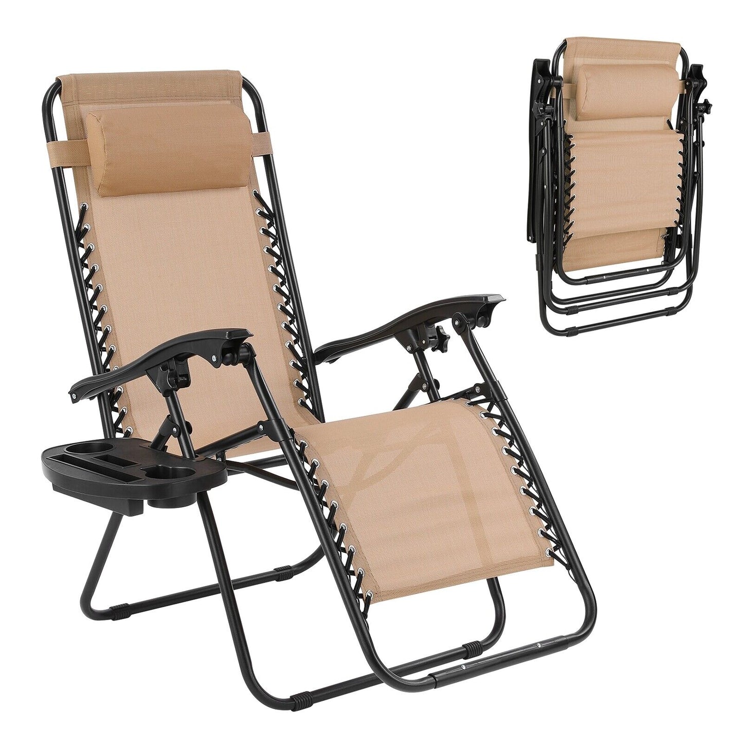 Arlopu 3pcs Folding Zero Gravity Chair Set, Outdoor Patio Reclining Lounge Chairs with Cup Holders for Poolside, Yard, Beach, 330 LBS