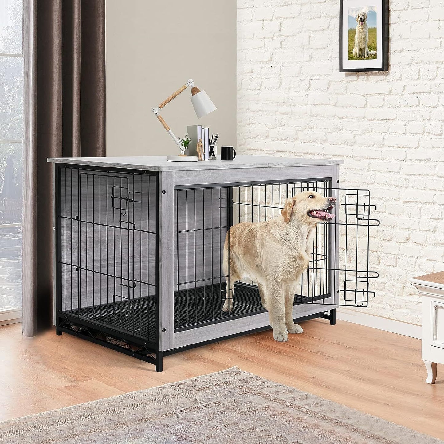 Arlopu 38.6'' Dog Crate Furniture, Wooden Side End Table, Modern Dog Kennel with Double Doors, Heavy-Duty Dog Cage with Pull-Out Removable Tray, Indoor Medium/Large/Small Pet House Furniture