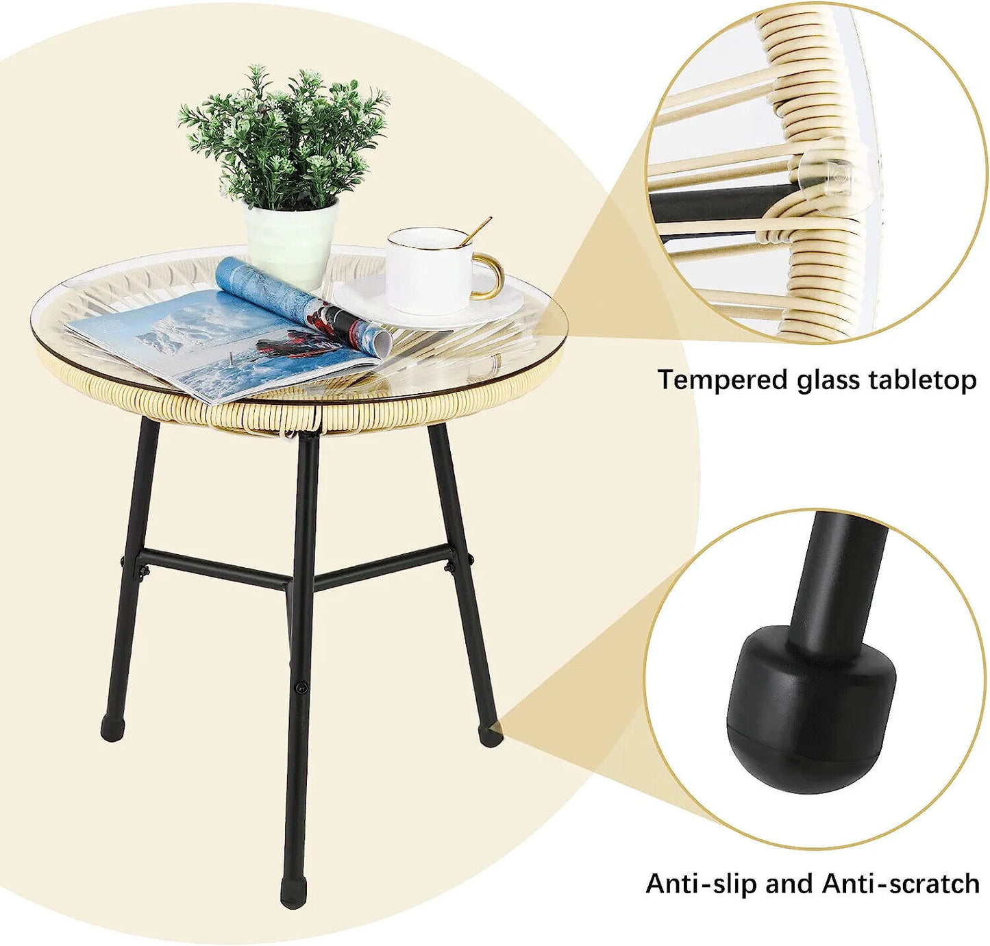 Arlopu 3-Piece Outdoor Acapulco Chairs Patio Conversation Bistro Set with Plastic Rope, Glass Tabletop, All-Weather