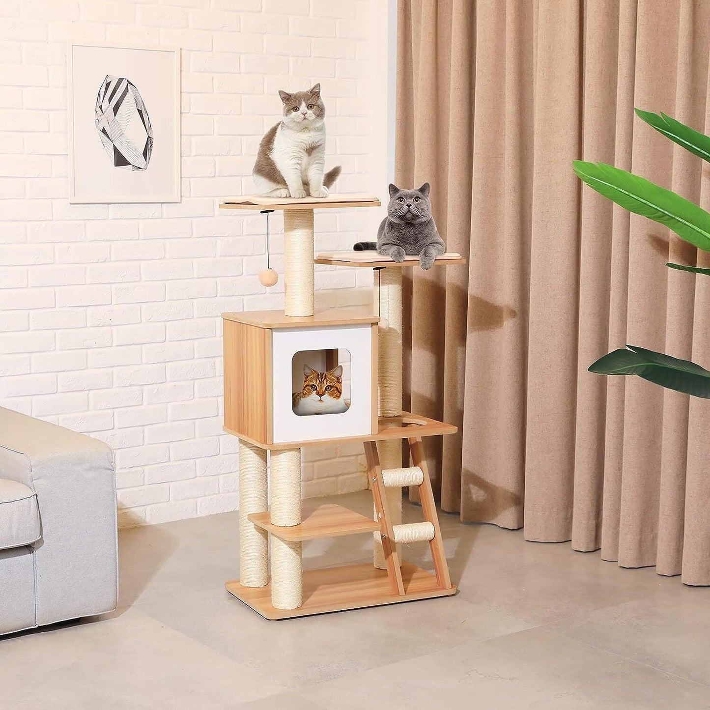 Arlopu 45" Wood Cat Tree Tower with Ladder, Modern Cat Condo Climbing Stand Indoor Activities Center with Sisal Scratching Post, Washable Plush Mats