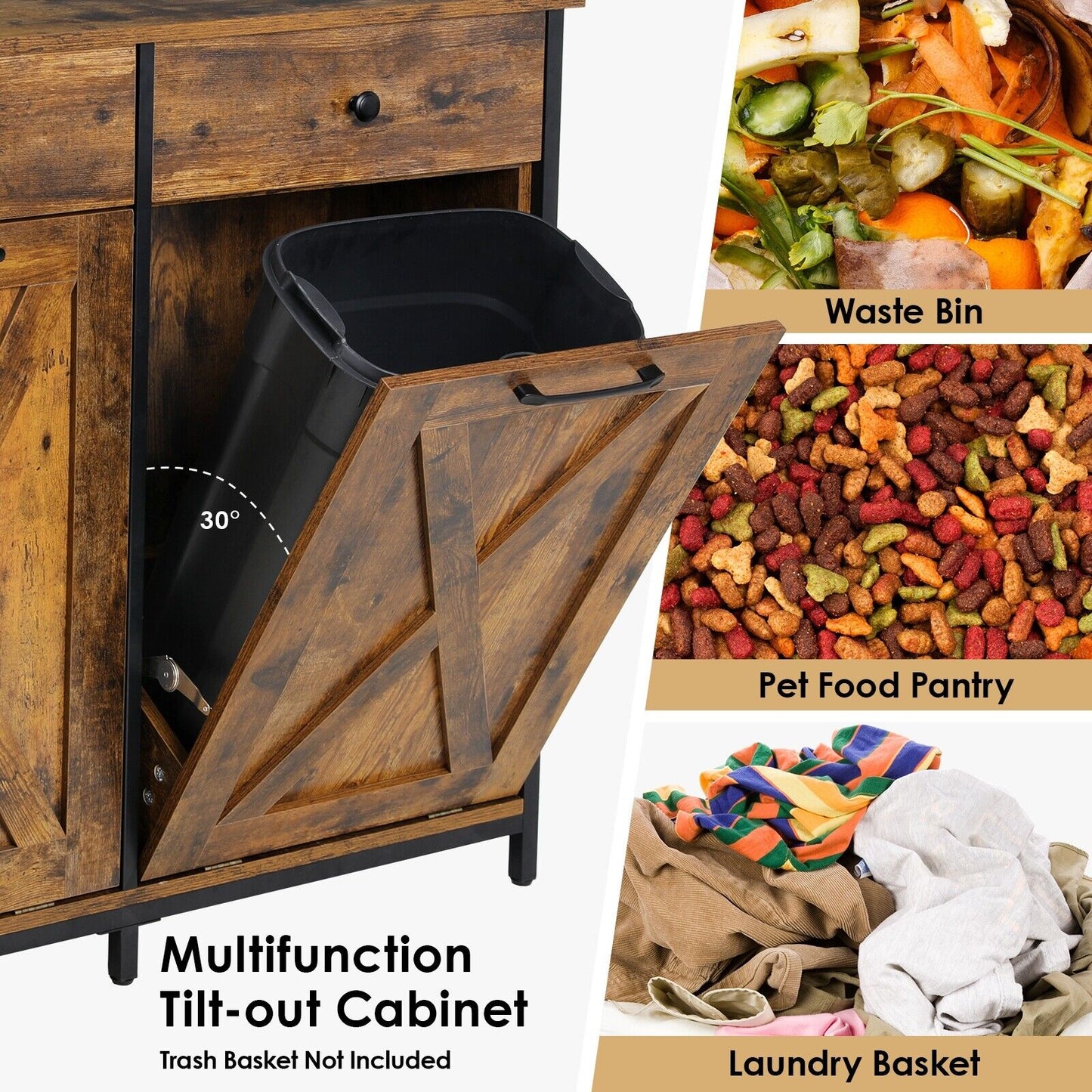Arlopu Double Tilt Out Trash Cabinet, 2 x 10 Gallon Freestanding Garbage Bin Holder Wooden Laundry Sorter Cabinet with Drawer for Kitchen, Living Room
