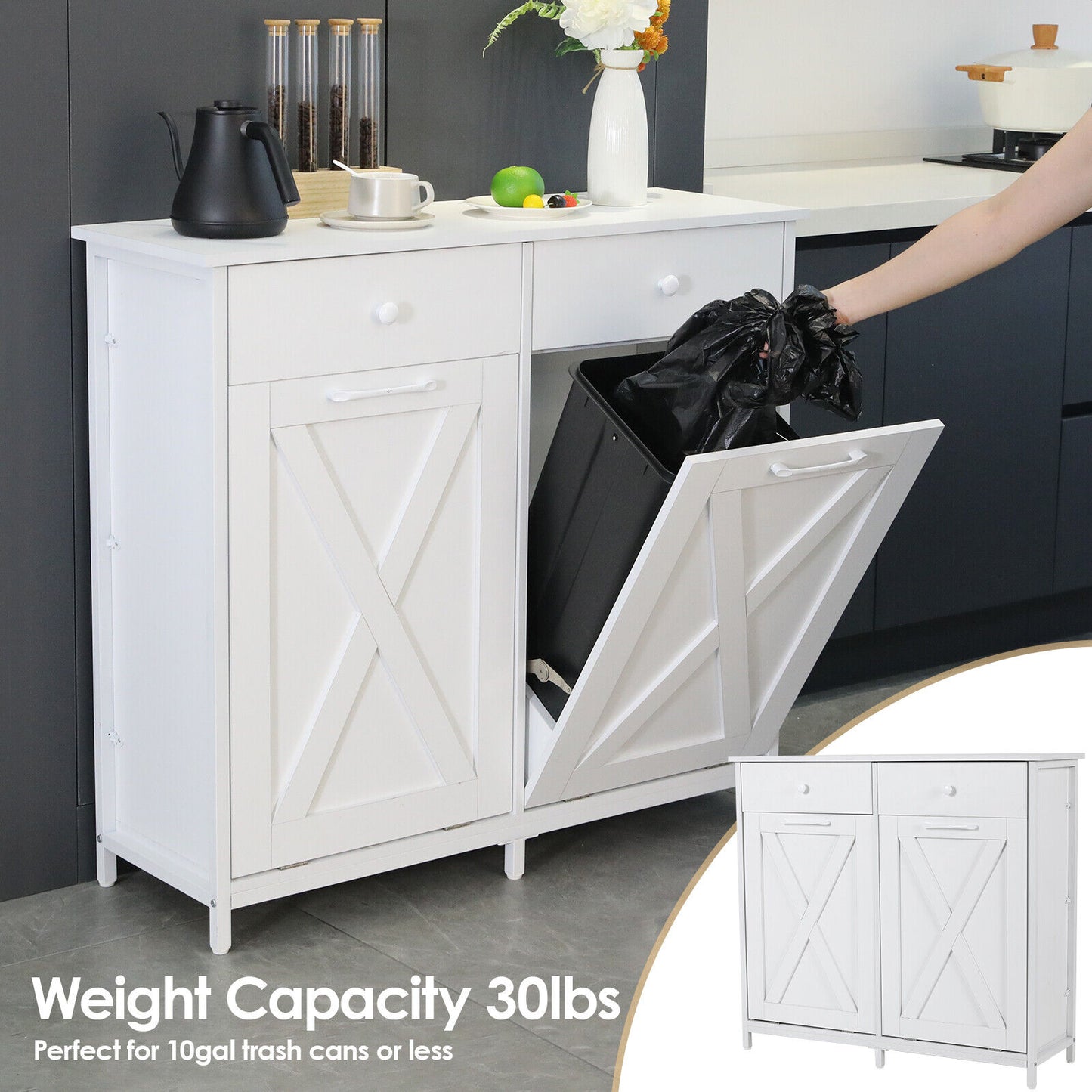 Arlopu Double Tilt Out Trash Cabinet, 2 x 10 Gallon Freestanding Garbage Bin Holder Wooden Laundry Sorter Cabinet with Drawer for Kitchen, Living Room