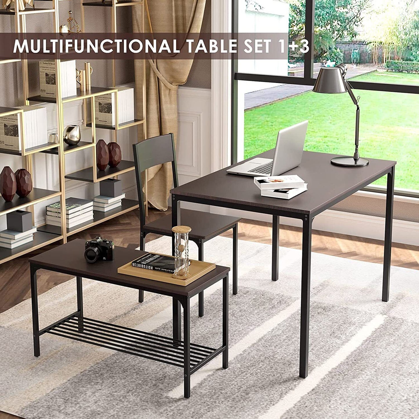 Arlopu 4 Pieces Dining Table Set, 43'' Wooden Kitchen Table with 2 Chairs & Bench for Dining Room (Brown)