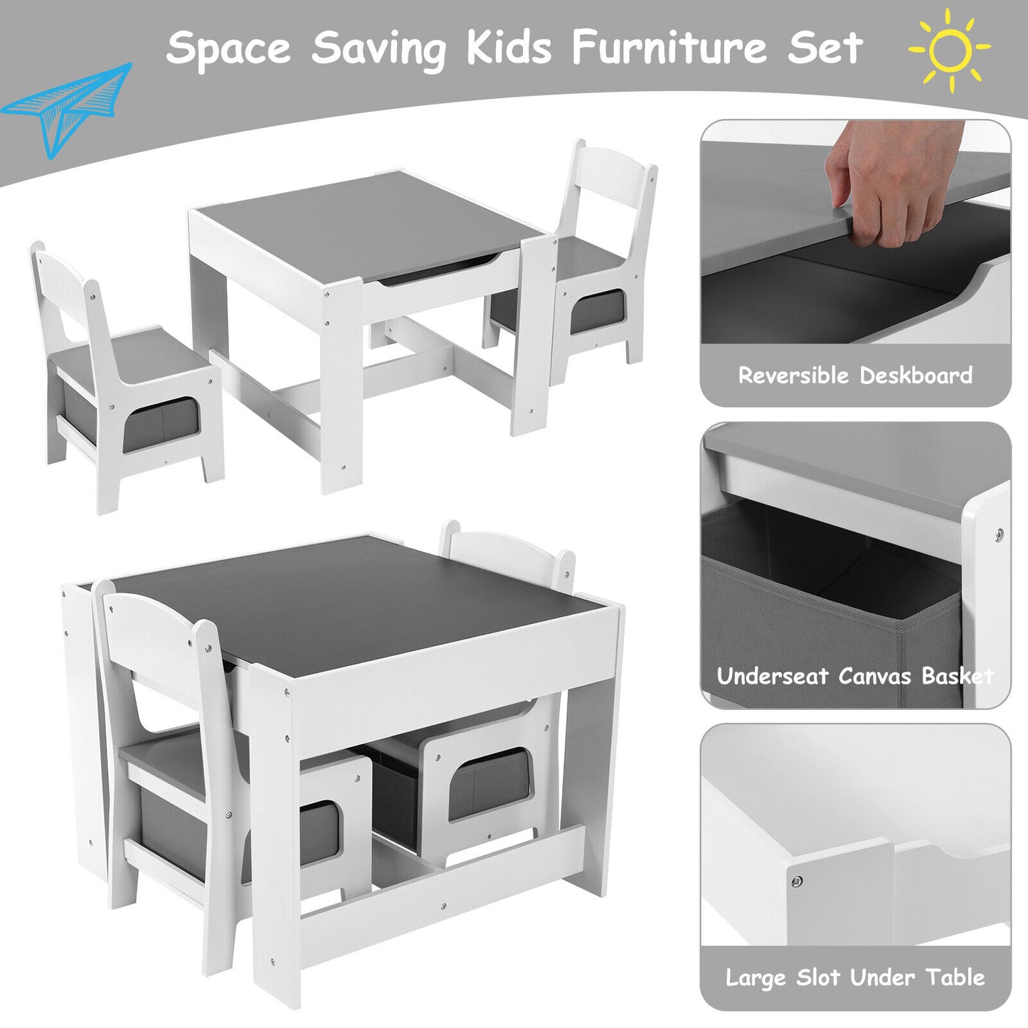 Arlopu Kids Table and 2 Chairs Set with Storage Drawer Children Writing Reading Table for Toddlers 2-8 Years