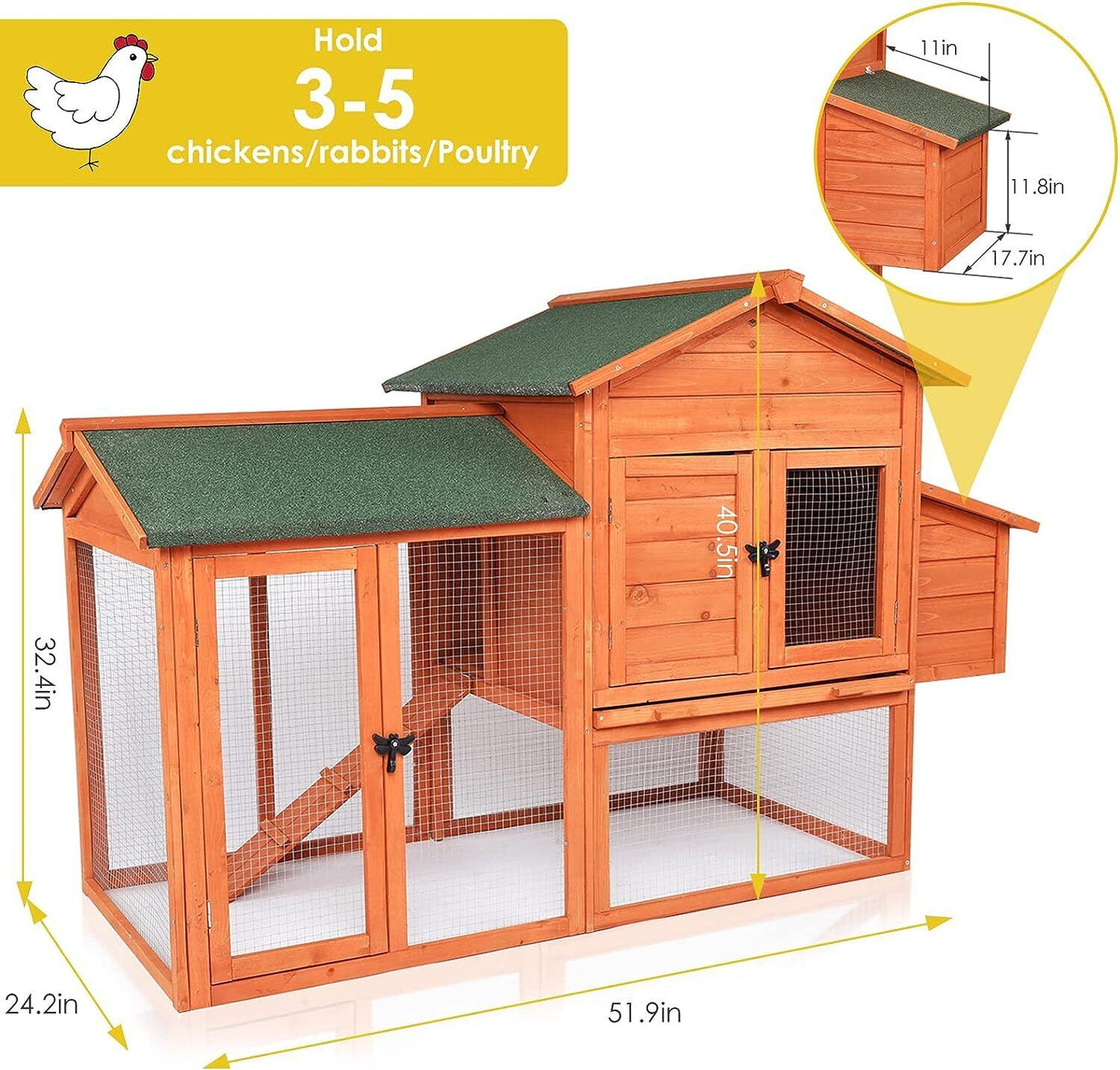 Arlopu 65" Chicken Coop, Outdoor Wooden Moveable Poultry Cage, Multi-Level Hen House w/Ramp, Run, Nesting Box, Removable Tray, Wire Fence&Weatherproof Asphalt roof, for Yard Farm Use, Chick & Rabbit
