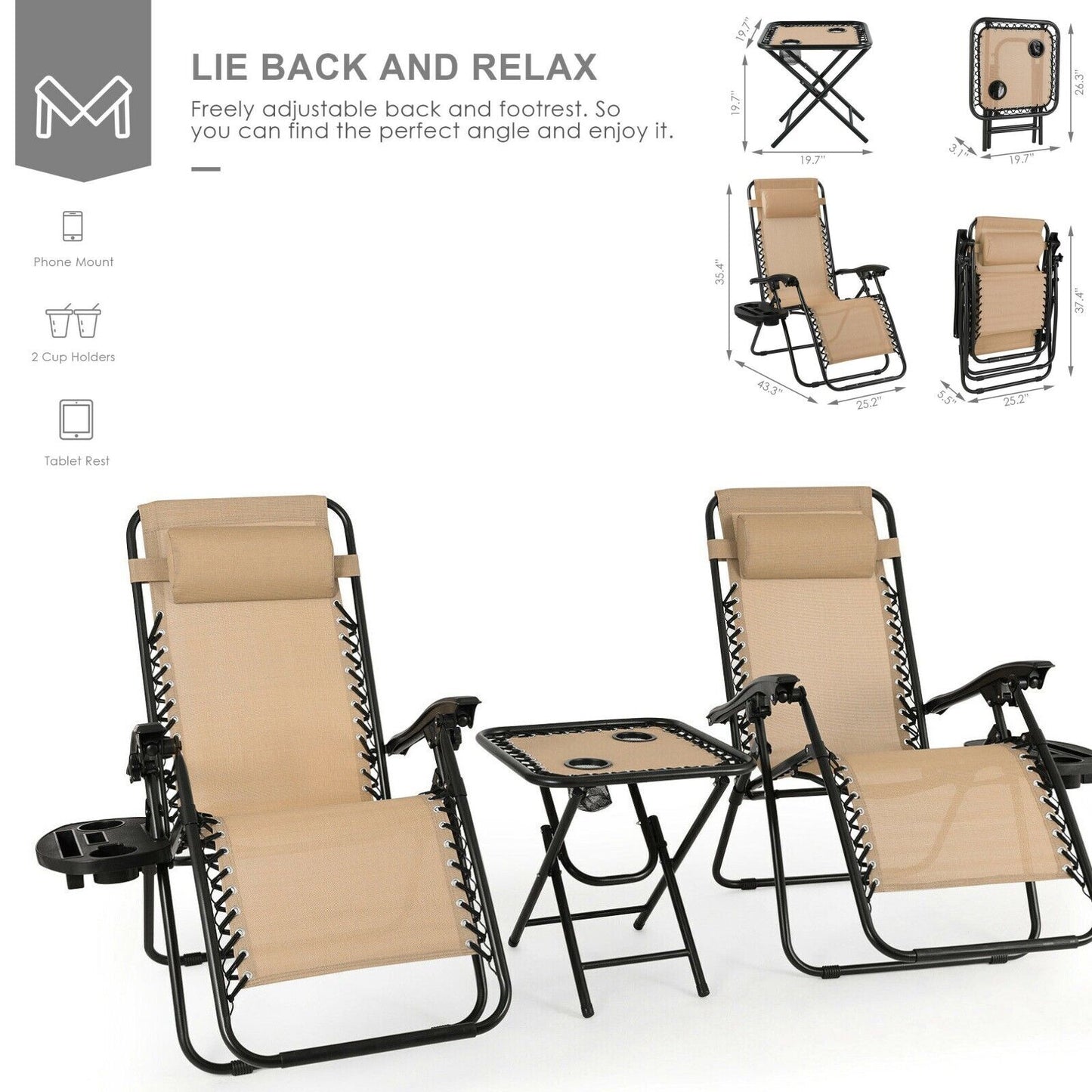 Arlopu 3pcs Folding Zero Gravity Chair Set, Outdoor Patio Reclining Lounge Chairs with Cup Holders for Poolside, Yard, Beach, 330 LBS