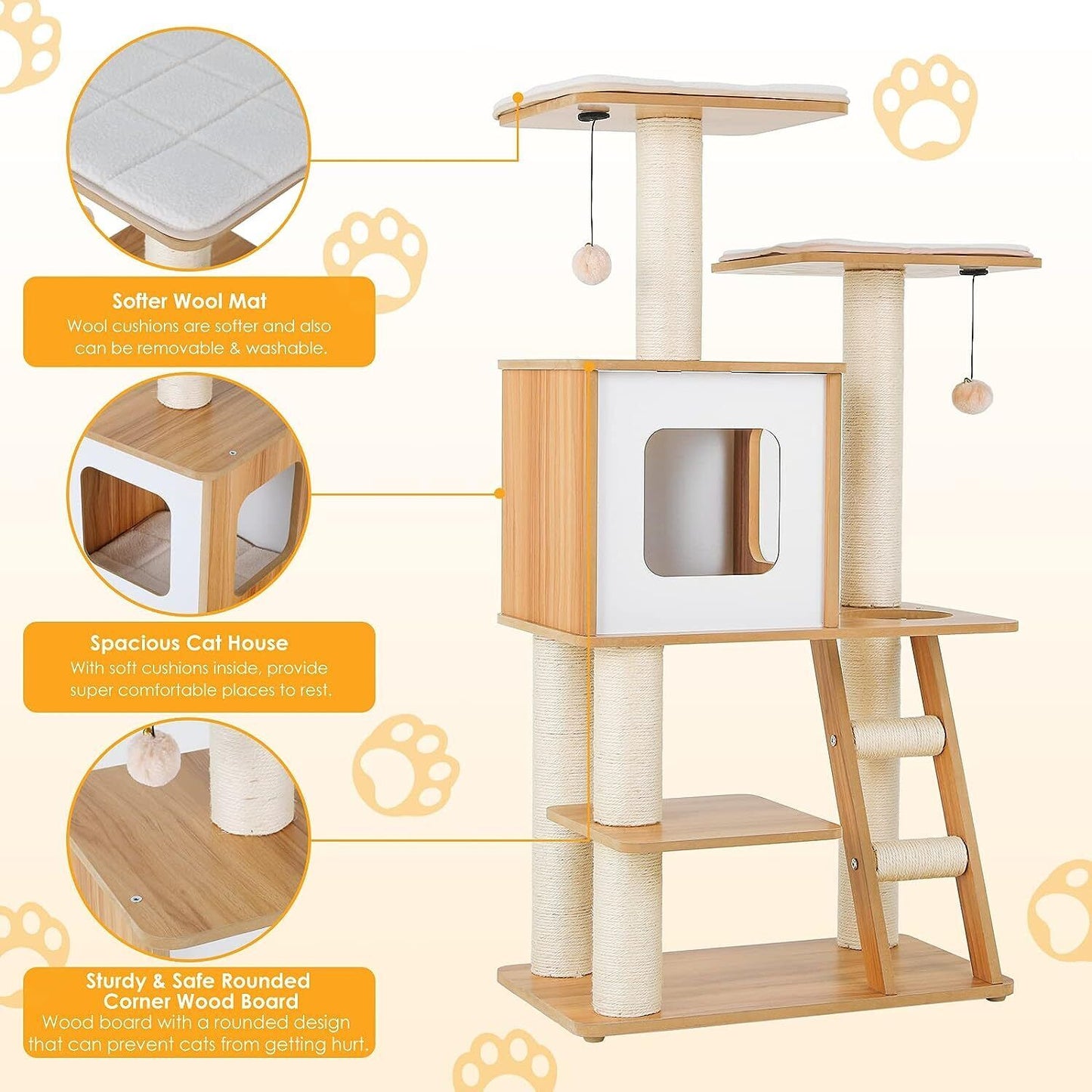 Arlopu 45" Wood Cat Tree Tower with Ladder, Modern Cat Condo Climbing Stand Indoor Activities Center with Sisal Scratching Post, Washable Plush Mats