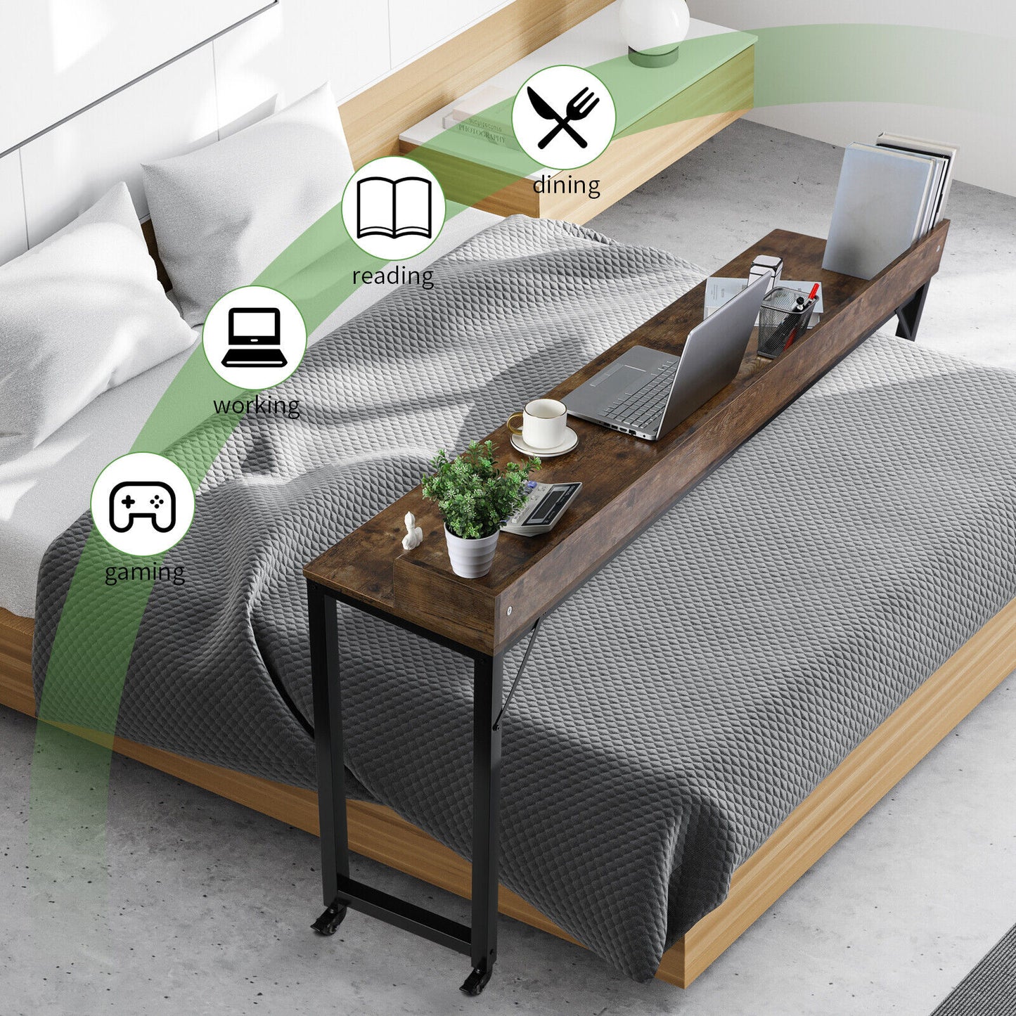 Arlopu 70.8'' Overbed Table with Wheels for Full/Queen Size Bed Frame, Mobile Computer Desk Standing Workstation Laptop Cart