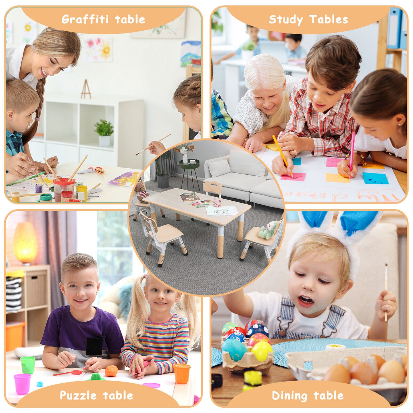 Arlopu Rectangular Kids Table and Chairs Set, Toddler Arts & Crafts Play Activity Table with 4 Chairs