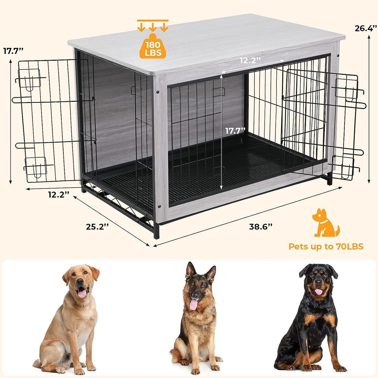 Arlopu 38.6'' Dog Crate Furniture, Wooden Side End Table, Modern Dog Kennel with Double Doors, Heavy-Duty Dog Cage with Pull-Out Removable Tray, Indoor Medium/Large/Small Pet House Furniture
