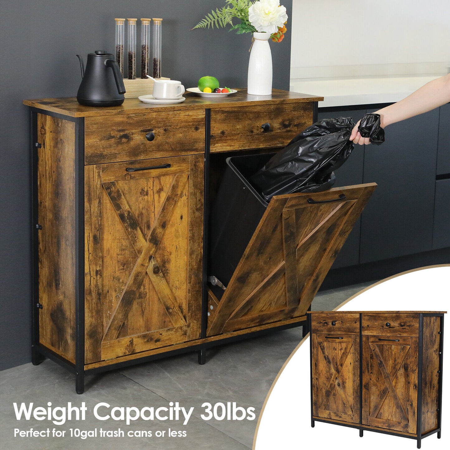 Arlopu Double Tilt Out Trash Cabinet, 2 x 10 Gallon Freestanding Garbage Bin Holder Wooden Laundry Sorter Cabinet with Drawer for Kitchen, Living Room