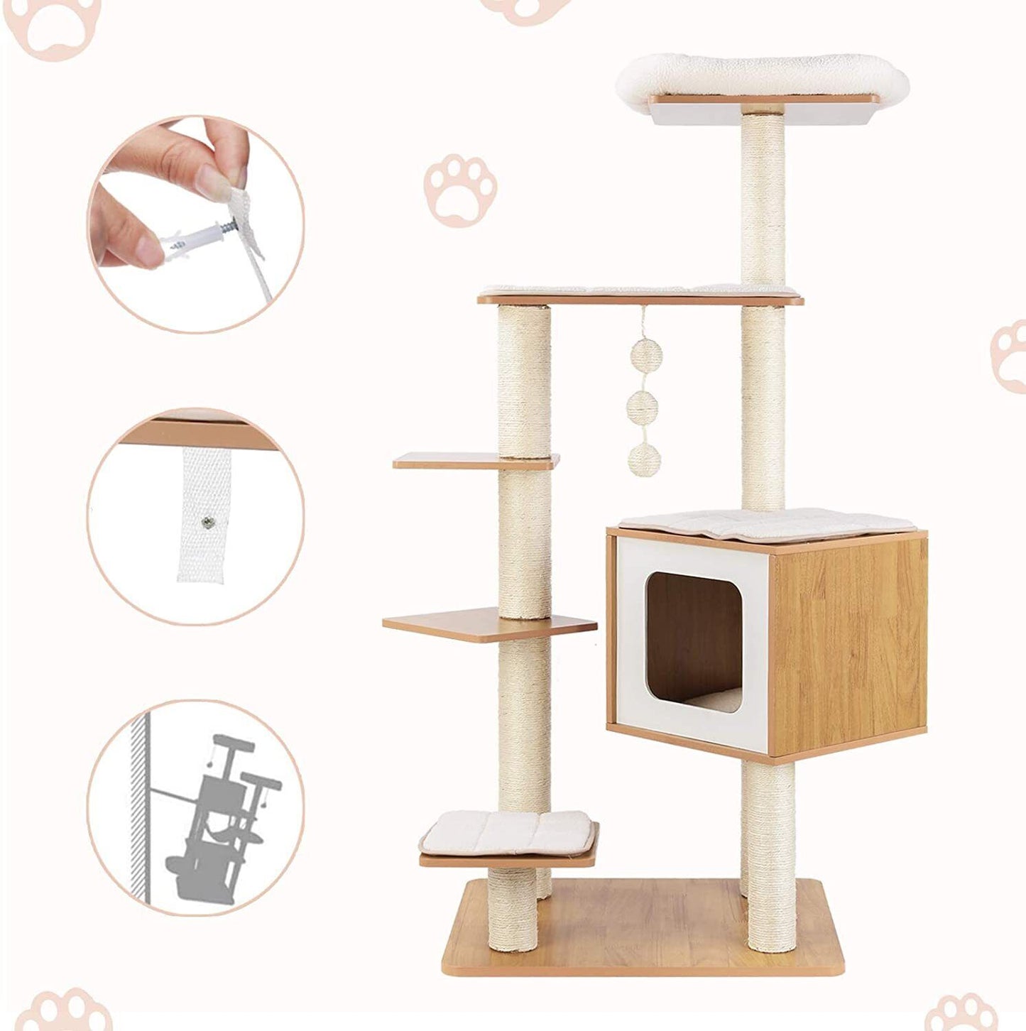 Arlopu 55'' Tall Modern Cat Tree Tower for Indoor Cats, Wooden Cat Climbing Stand Furniture, 6 Level Platform Cat Activities Condo House with Scratch Post, Washable Mats & Top Perch, for Kittens & Large Cats
