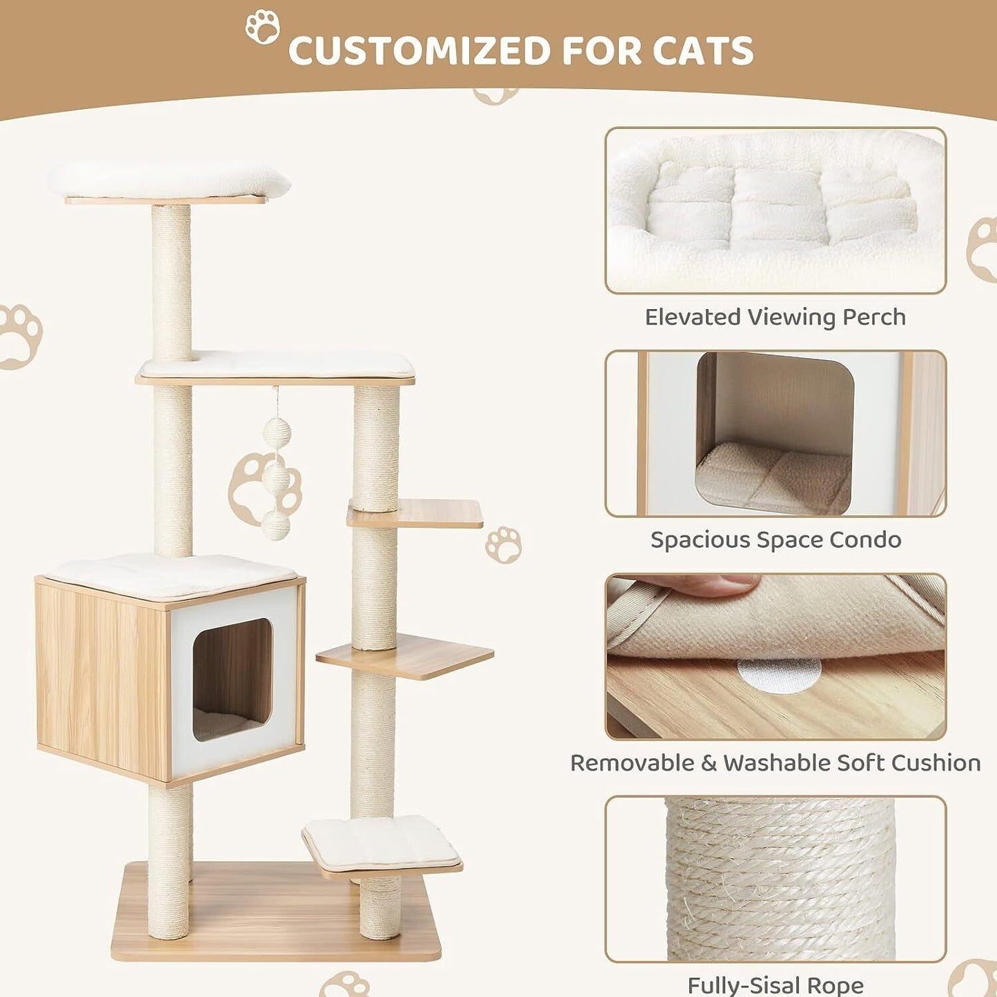 Arlopu 55'' Tall Modern Cat Tree Tower for Indoor Cats, Wooden Cat Climbing Stand Furniture, 6 Level Platform Cat Activities Condo House with Scratch Post, Washable Mats & Top Perch, for Kittens & Large Cats