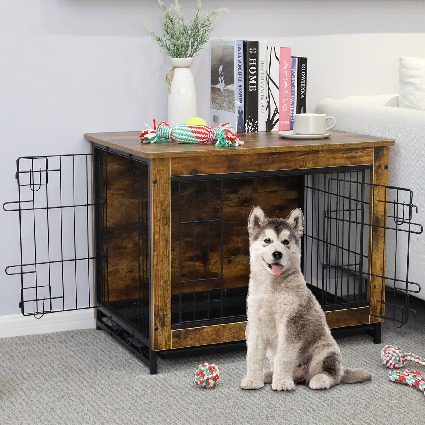 Arlopu 38.6" Dog Crate Furniture, Wooden Side End Table, Modern Indoor Dog Kennel with Double Doors, Heavy-Duty Dog Cage with Pull-Out Tray