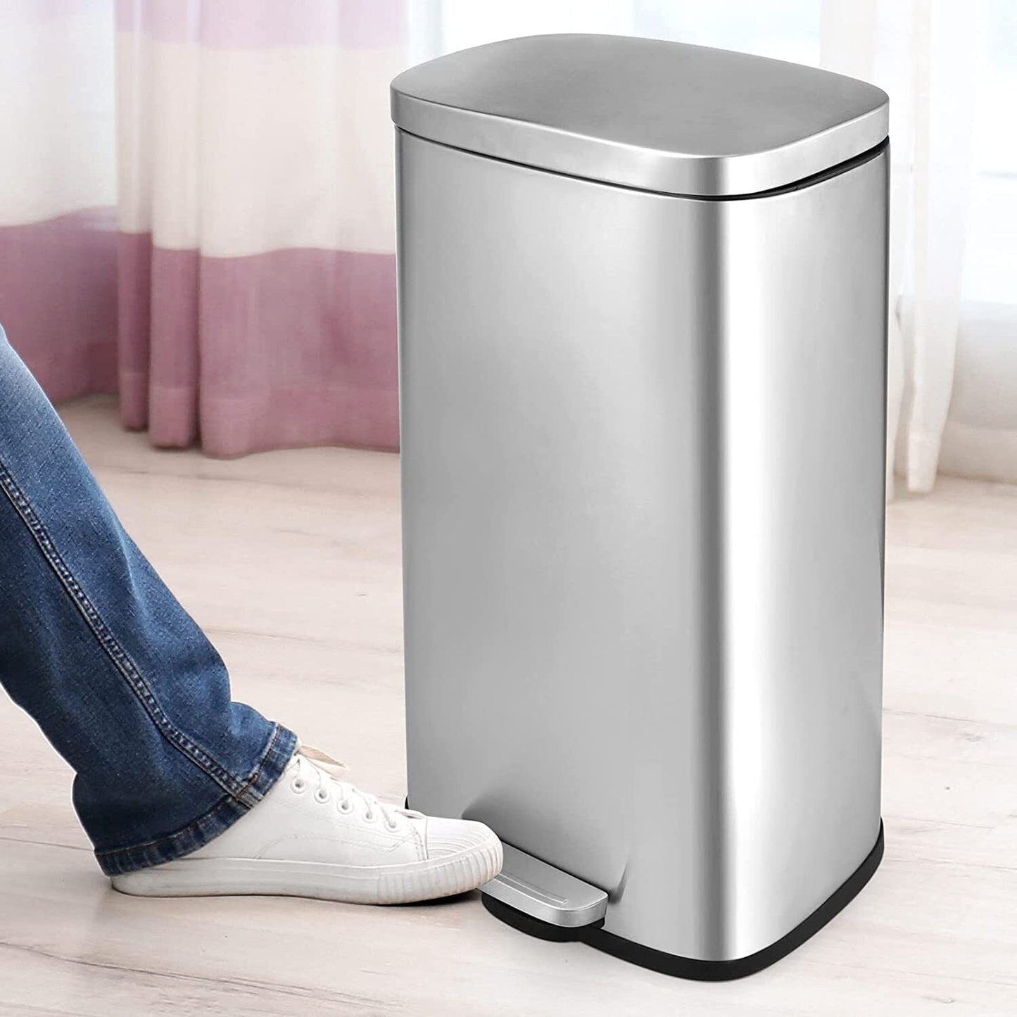 Arlopu 8 Gallon Stainless Steel Trash Can with Lid, Rectangular Kitchen Garbage Can, Silver