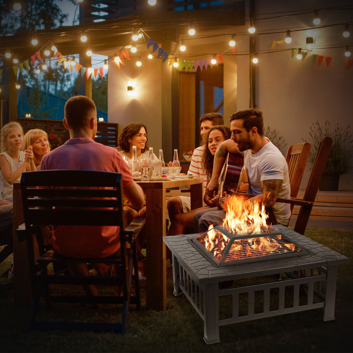 Arlopu Metal Fire Pits for Outside, 32" Wood Burning Fire Pit Table Outdoor Patio Backyard BBQ Fire Pit Heater for Party Bonfire