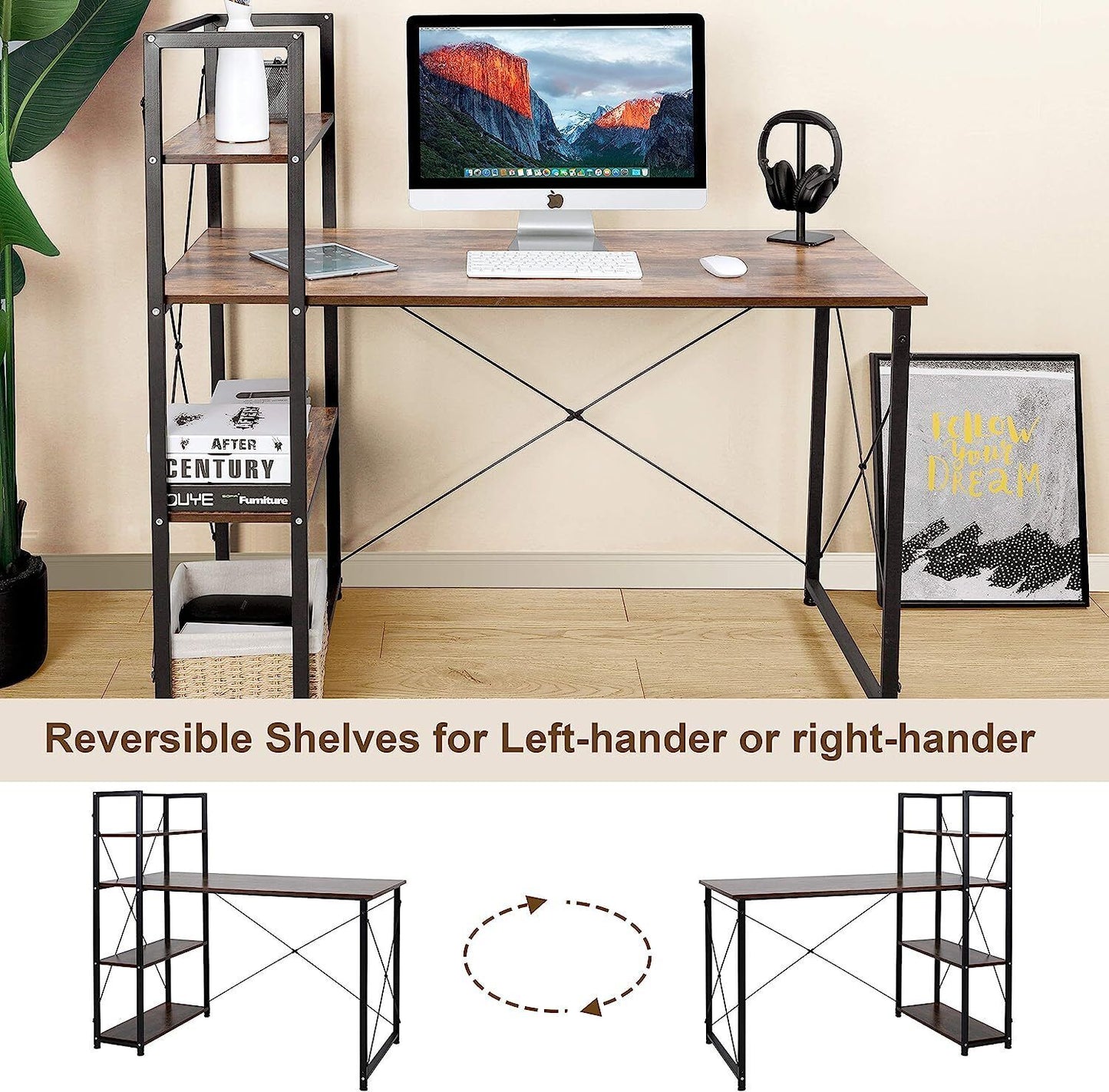 Arlopu 47'' Computer Desk, Home Office Desk with 4-Tier Shelves, Sturdy Workstation Writing Table with Metal Frame