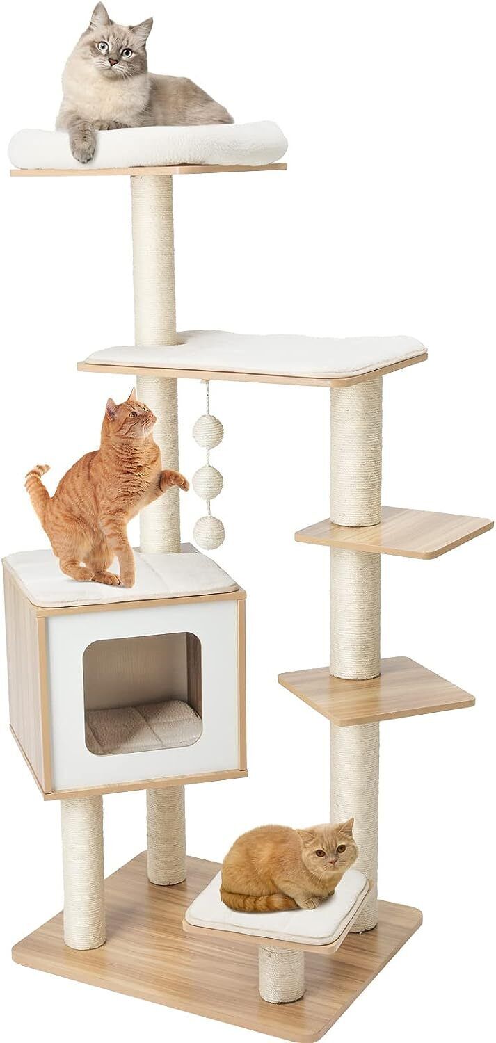 Arlopu 55'' Tall Modern Cat Tree Tower for Indoor Cats, Wooden Cat Climbing Stand Furniture, 6 Level Platform Cat Activities Condo House with Scratch Post, Washable Mats & Top Perch, for Kittens & Large Cats