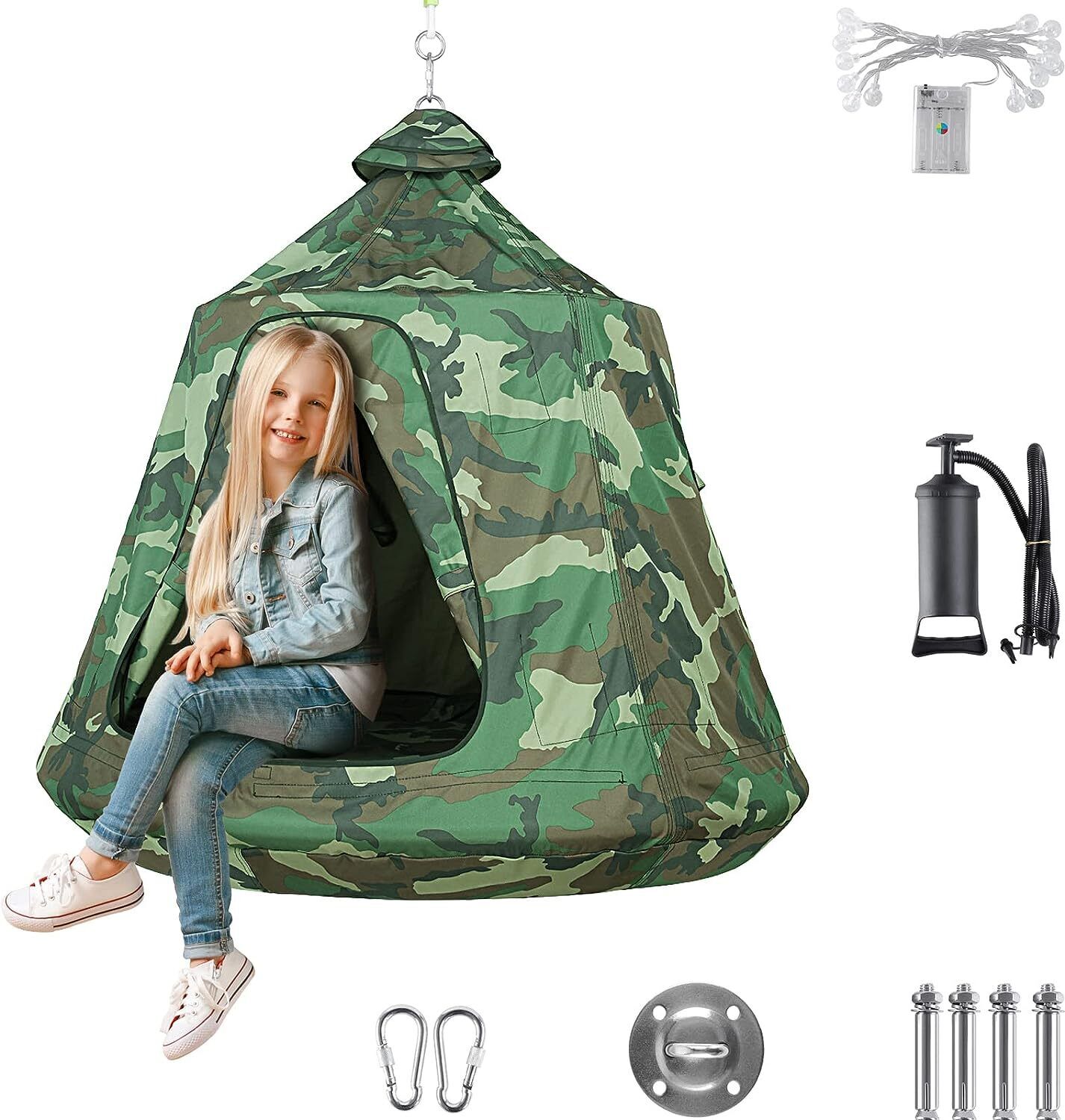 Arlopu Hanging Tree Tent for Kids, Indoor Outdoor Swing Tent Children Play House Tent with LED Lights