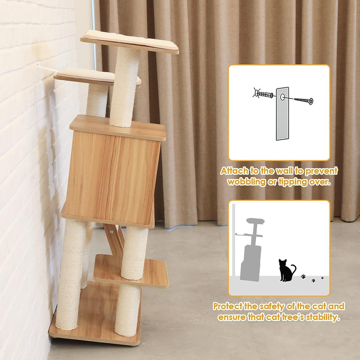 Arlopu 45" Wood Cat Tree Tower with Ladder, Modern Cat Condo Climbing Stand Indoor Activities Center with Sisal Scratching Post, Washable Plush Mats