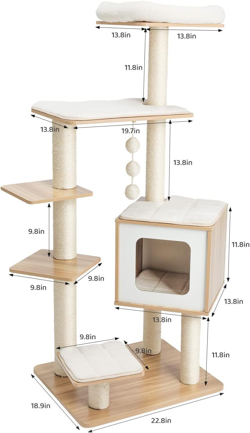 Arlopu 55'' Tall Modern Cat Tree Tower for Indoor Cats, Wooden Cat Climbing Stand Furniture, 6 Level Platform Cat Activities Condo House with Scratch Post, Washable Mats & Top Perch, for Kittens & Large Cats