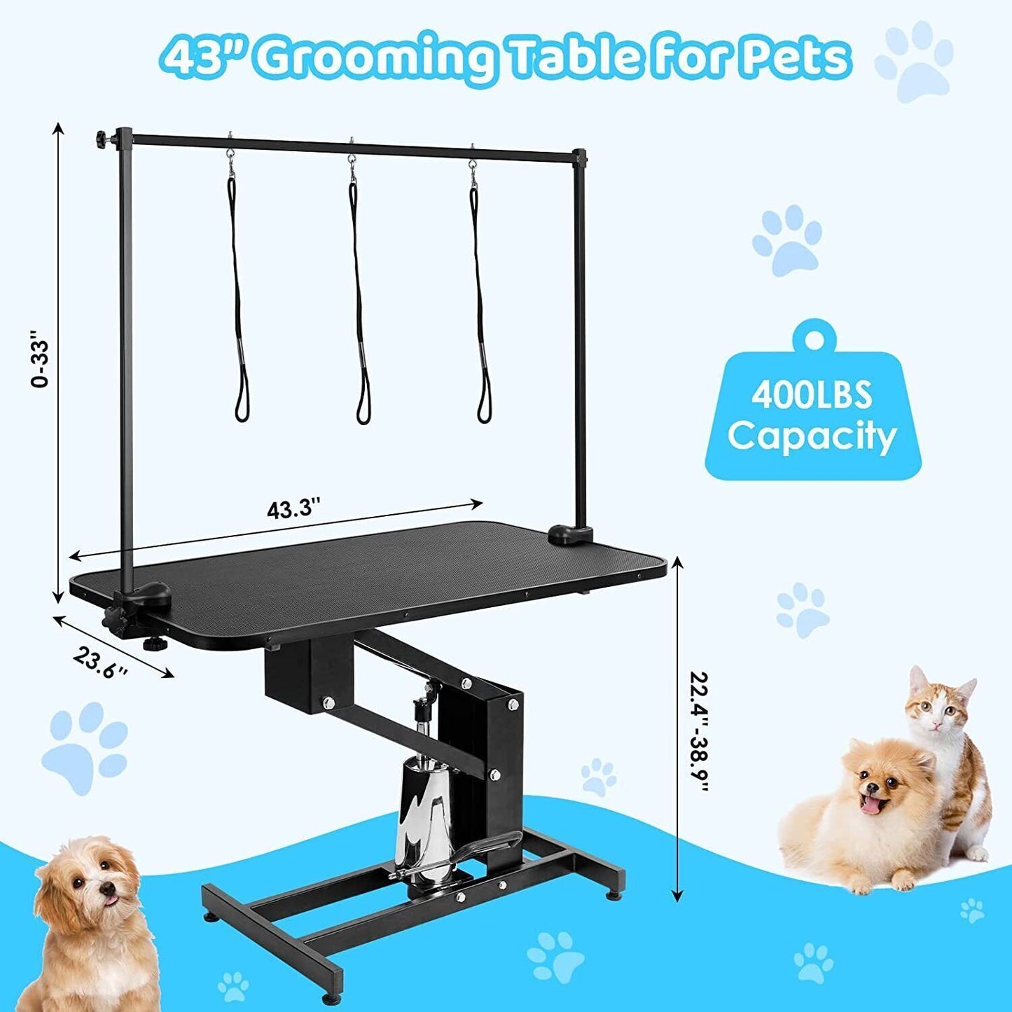 Arlopu 43" Hydraulic Dog Grooming Table, Oversized Adjustable Pet Trimming Table, Heavy-Duty Professional Dog Drying Table with 3 Nooses, Arms,for Puppy, Large Dogs, Home, Pet Shop, Range 22-38''