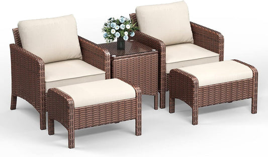 Arlopu 5 Piece Patio Furniture Sets, Outdoor Conversation Set PE Rattan Wicker Sofa Chat Chairs with Ottomans, Glass Table