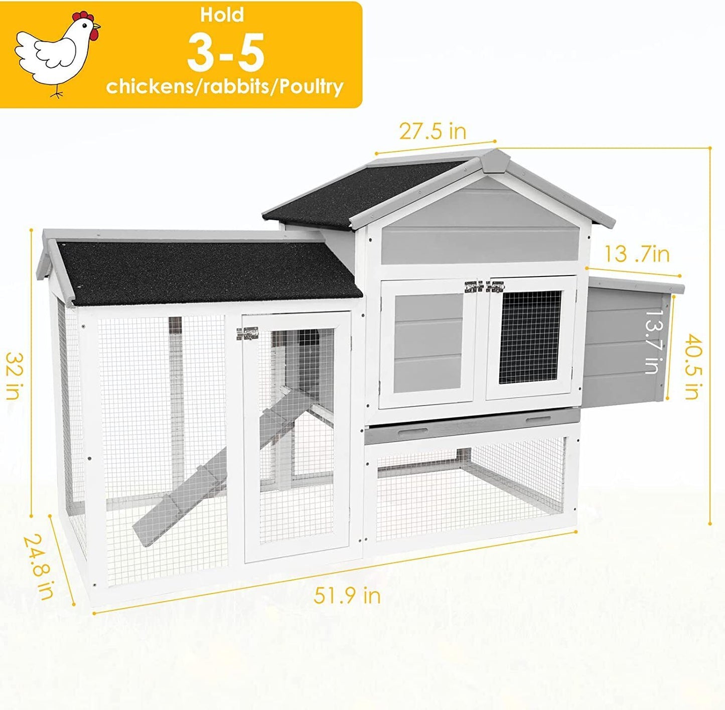 Arlopu 65" Chicken Coop, Outdoor Yard Wooden Poultry Cage, Multi-Level Hen House with Ramp, Nesting Box, Removable Tray, Wire Enclosure & Weatherproof Asphalt roof