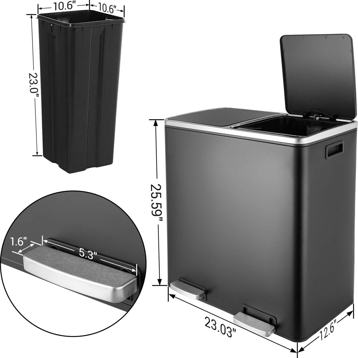 Arlopu 60L / 16 gal Dual Trash Can, Stainless Steel Kitchen Garbage Rubbish Bin with Soft Close Lid