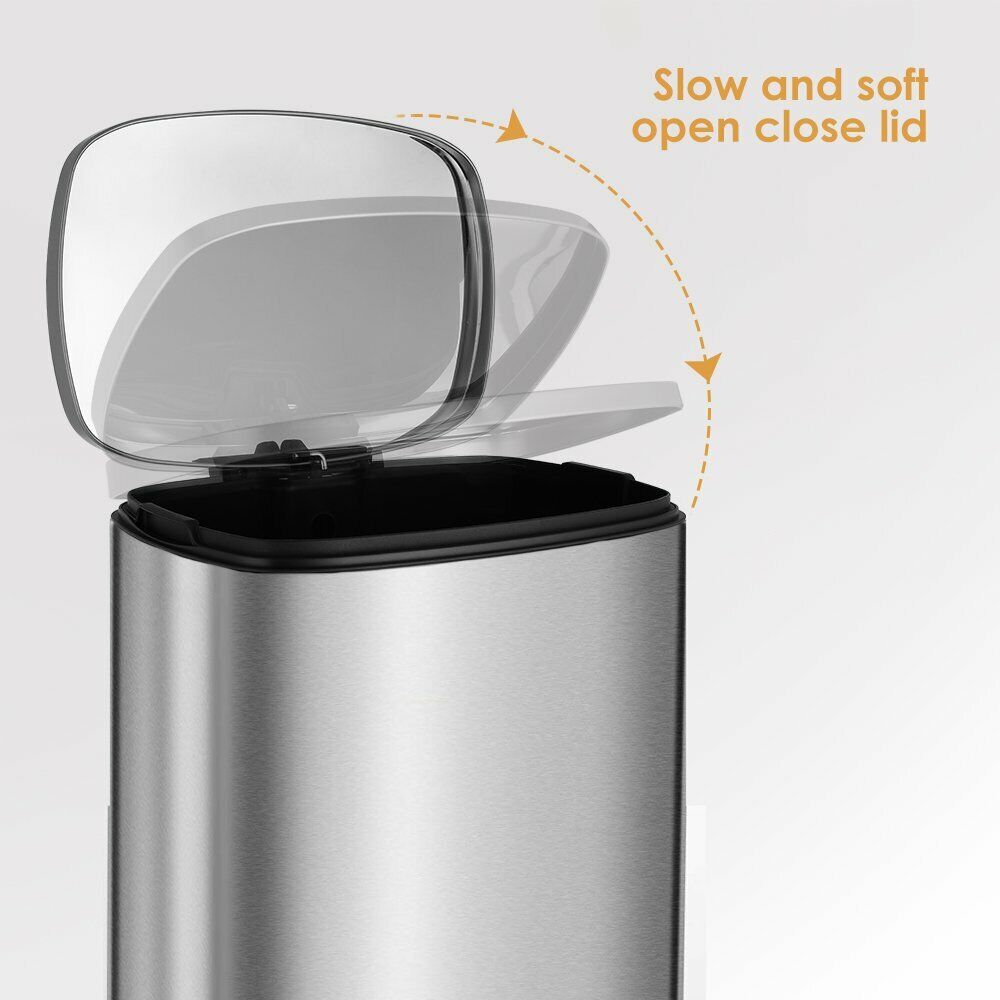 Arlopu 50L/13.2 Gallon Step Trash Can, Rectangular Stainless Steel Kitchen Garbage Bin with PP Buckets & Lid
