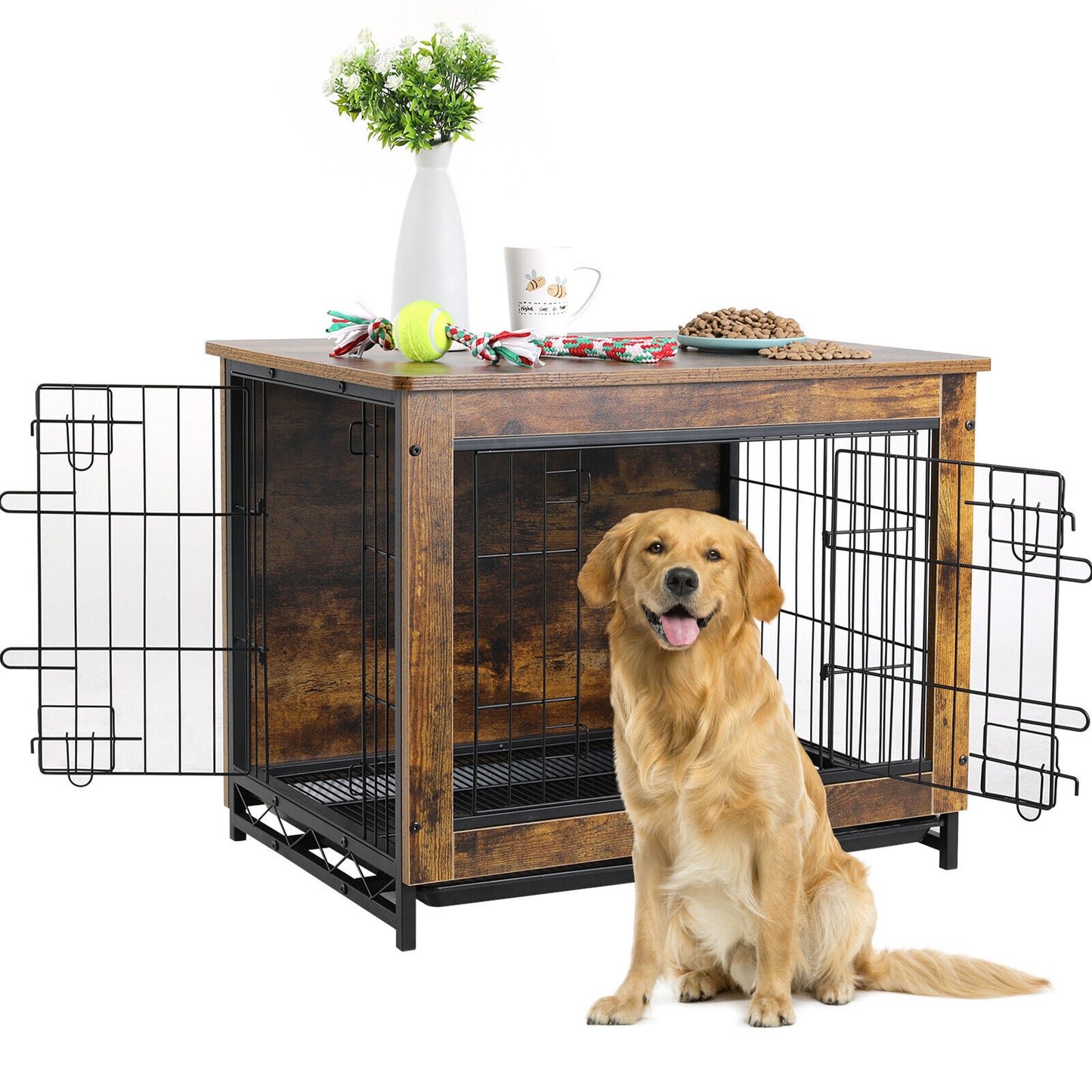 Arlopu 38.6" Dog Crate Furniture, Wooden Side End Table, Modern Indoor Dog Kennel with Double Doors, Heavy-Duty Dog Cage with Pull-Out Tray