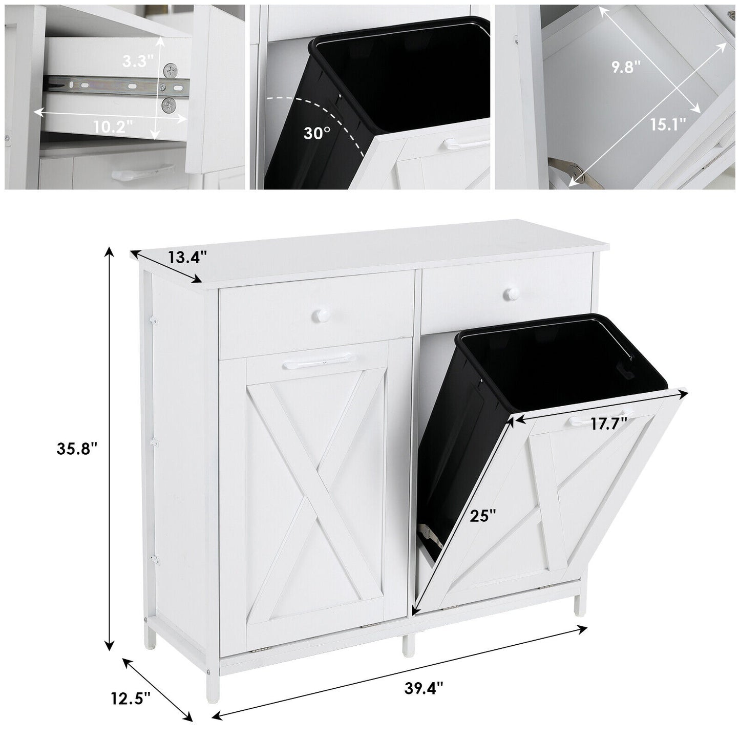 Arlopu Double Tilt Out Trash Cabinet, 2 x 10 Gallon Freestanding Garbage Bin Holder Wooden Laundry Sorter Cabinet with Drawer for Kitchen, Living Room