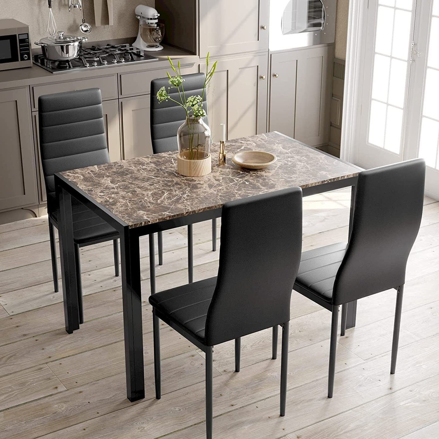 Arlopu Modern 5-Piece Dining Table Set, Faux Marble Tabletop and 4 PU Leather Chairs, Compact Dining Set for Dining Room, Kitchen